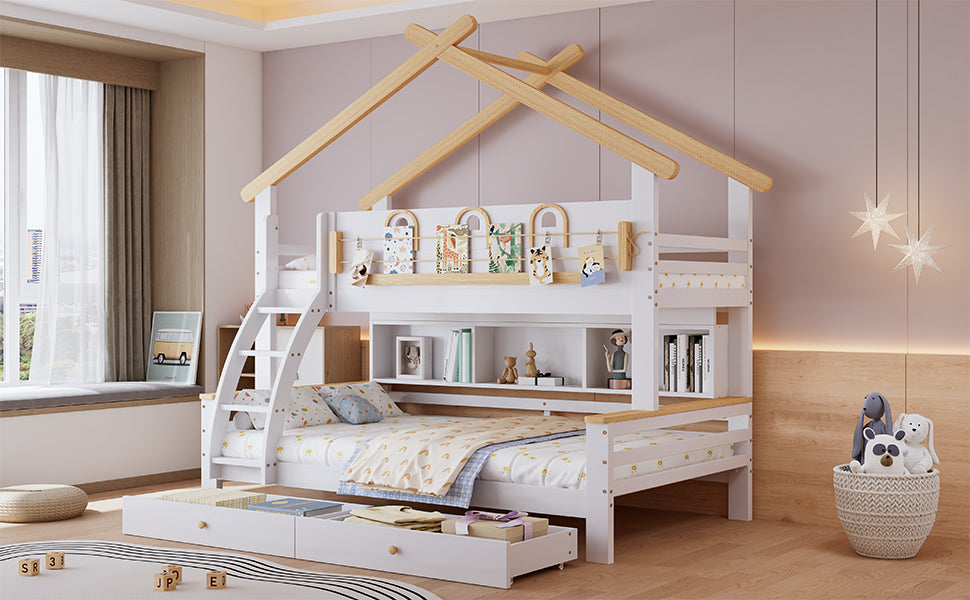 Bunk Bed Children's, Drawers Roof Slanted Staircase 90x200cm & 120x200cm, Pine + MDF White + Natural