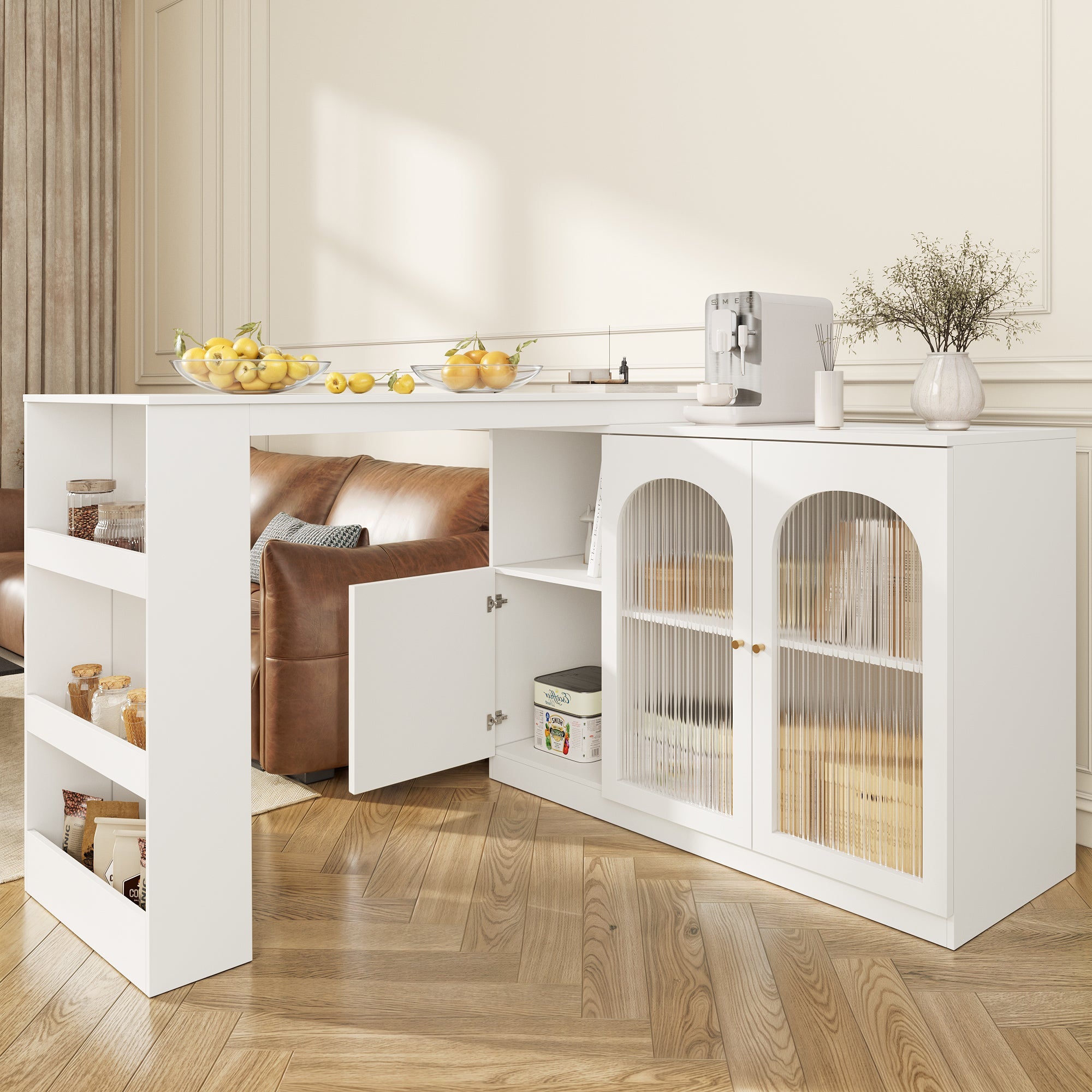 Bar Table, 360° Rotating Dining & Storage Cabinet with Glass Door, White