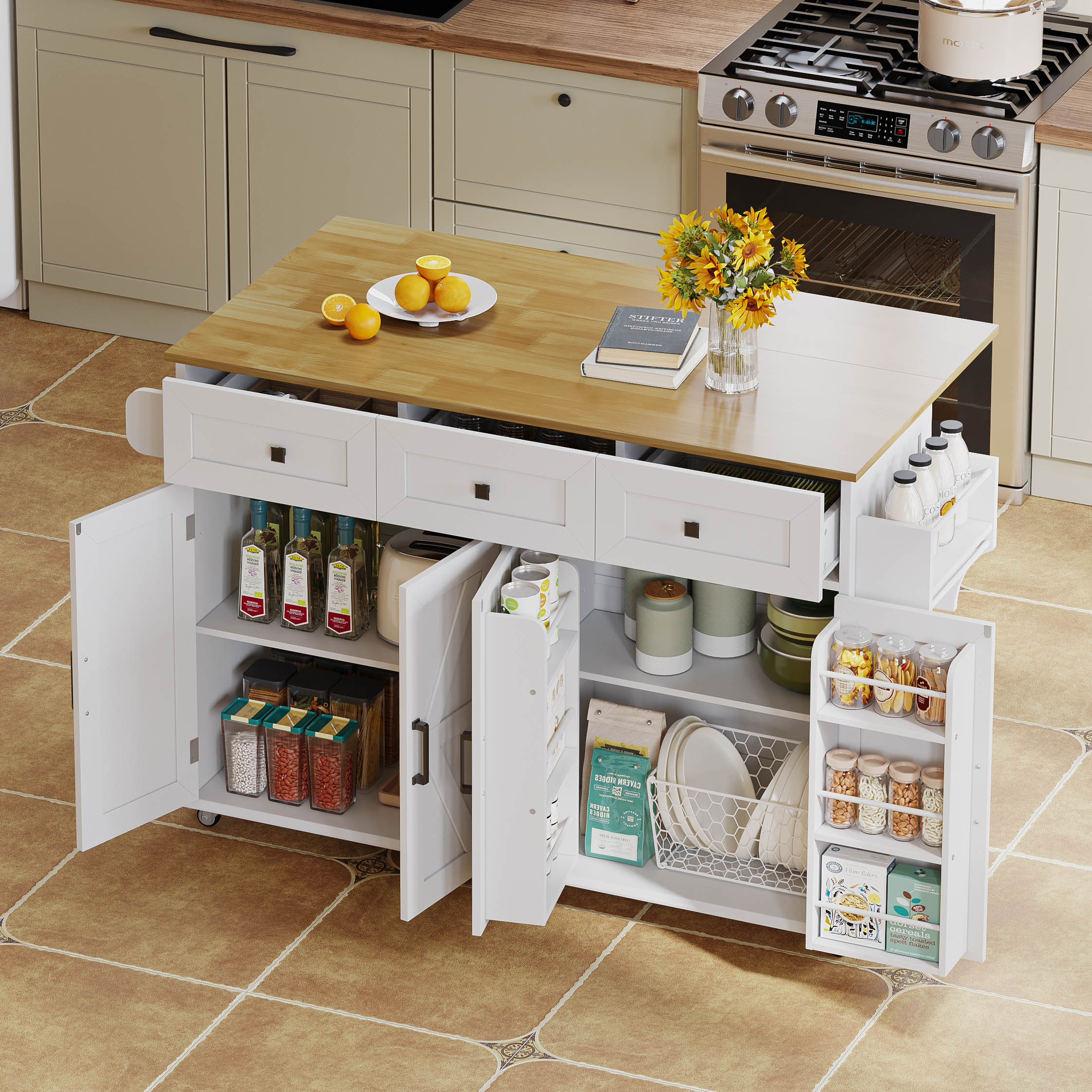 Kitchen Island Fold-Down Worktop 4 Doors 3 Drawers Barn Style with Casters - White