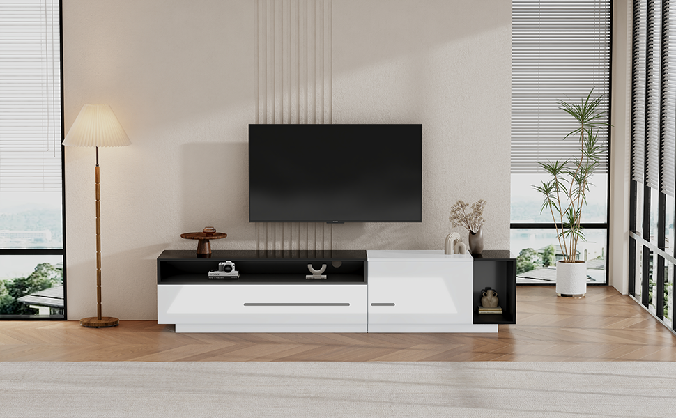 70 Inch High Gloss TV Stand with 2 Closed Storage Spaces, 1 Door, 1 Drawer, White+Black Particle Board