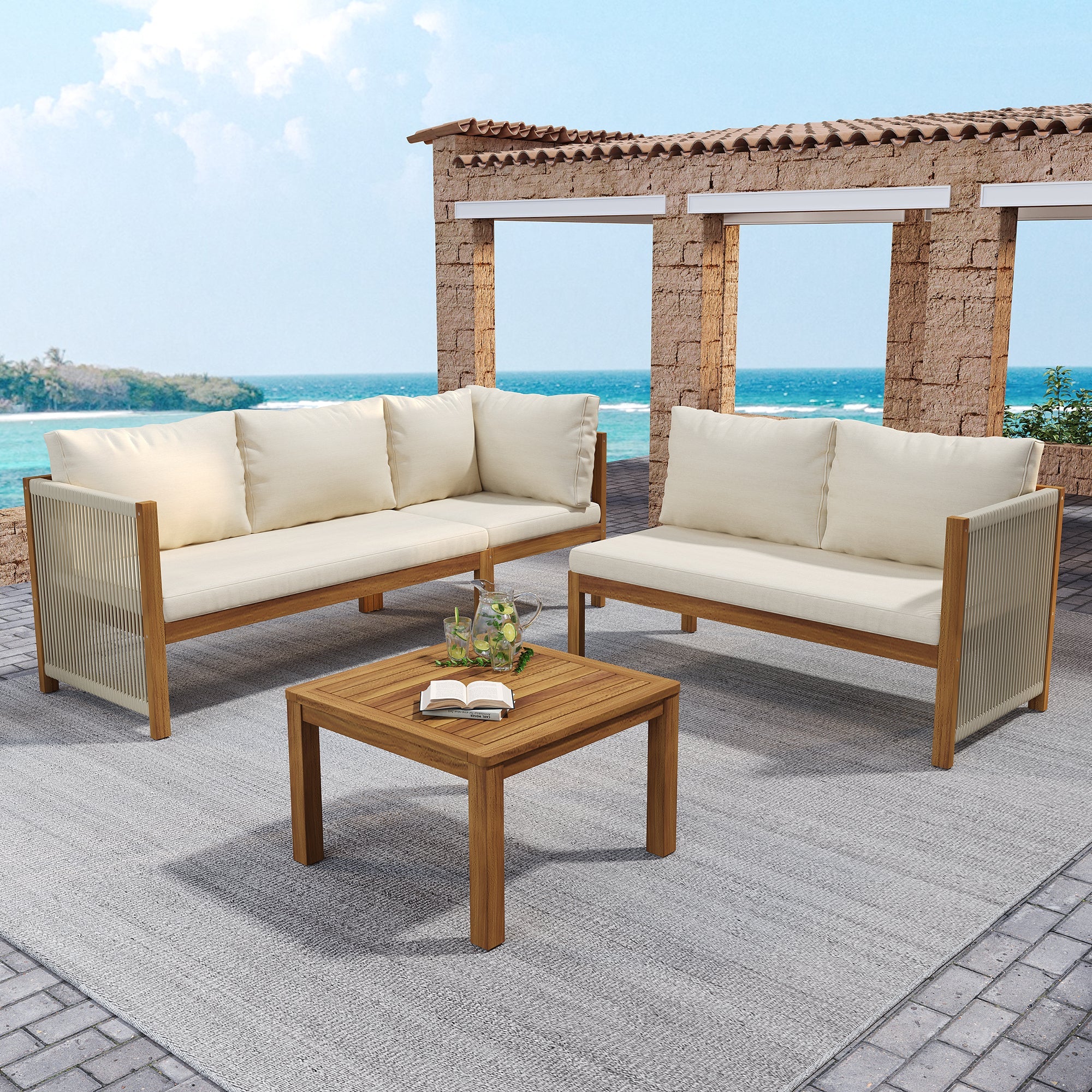 Garden Furniture Set with Corner Sofa, Coffee Table and Woven Rope Craftsmanship, Beige Acacia Wood