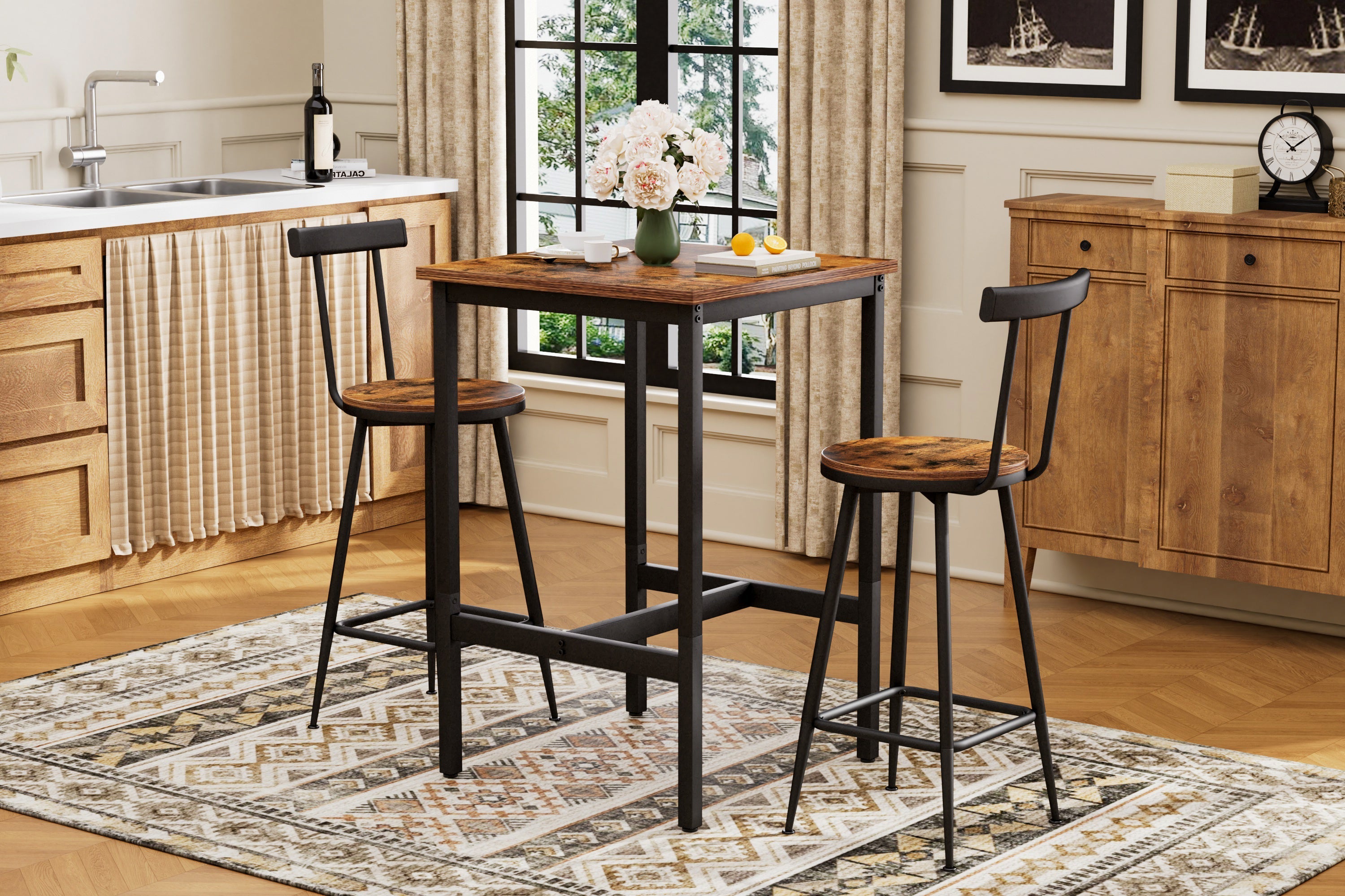 Industrial Bar Table and Stool Set with 2 Chairs and Metal Frame, Rustic Brown