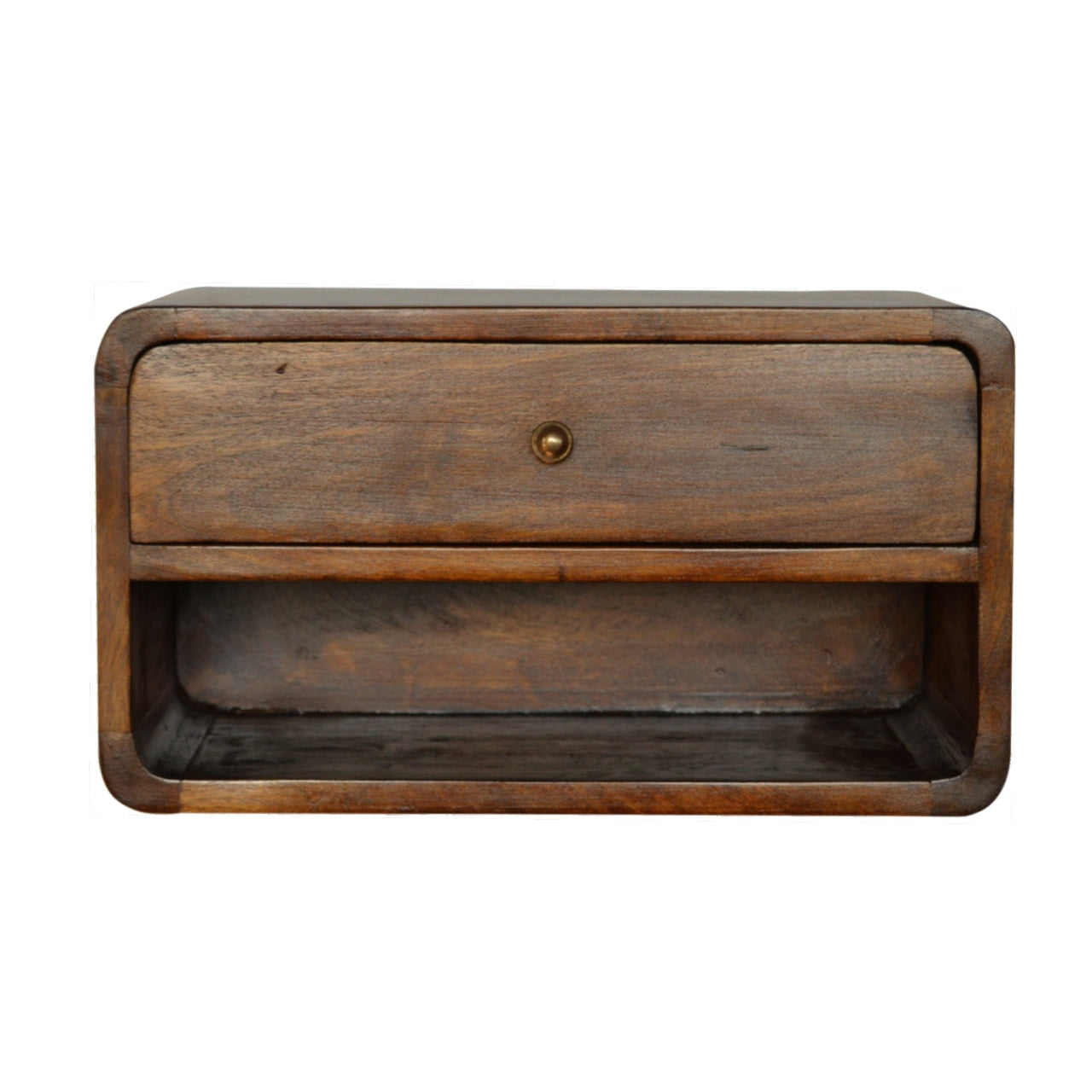 Solid Wood Chestnut Curve Floating Bedside, 1 Drawer and Open Shelf, Dark Brown