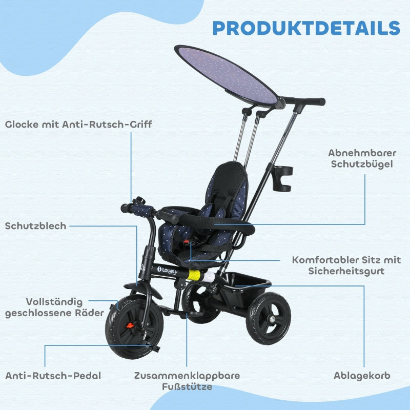 Children's tricycle 6-in-1 with push bar, canopy, belt, storage basket, dark blue