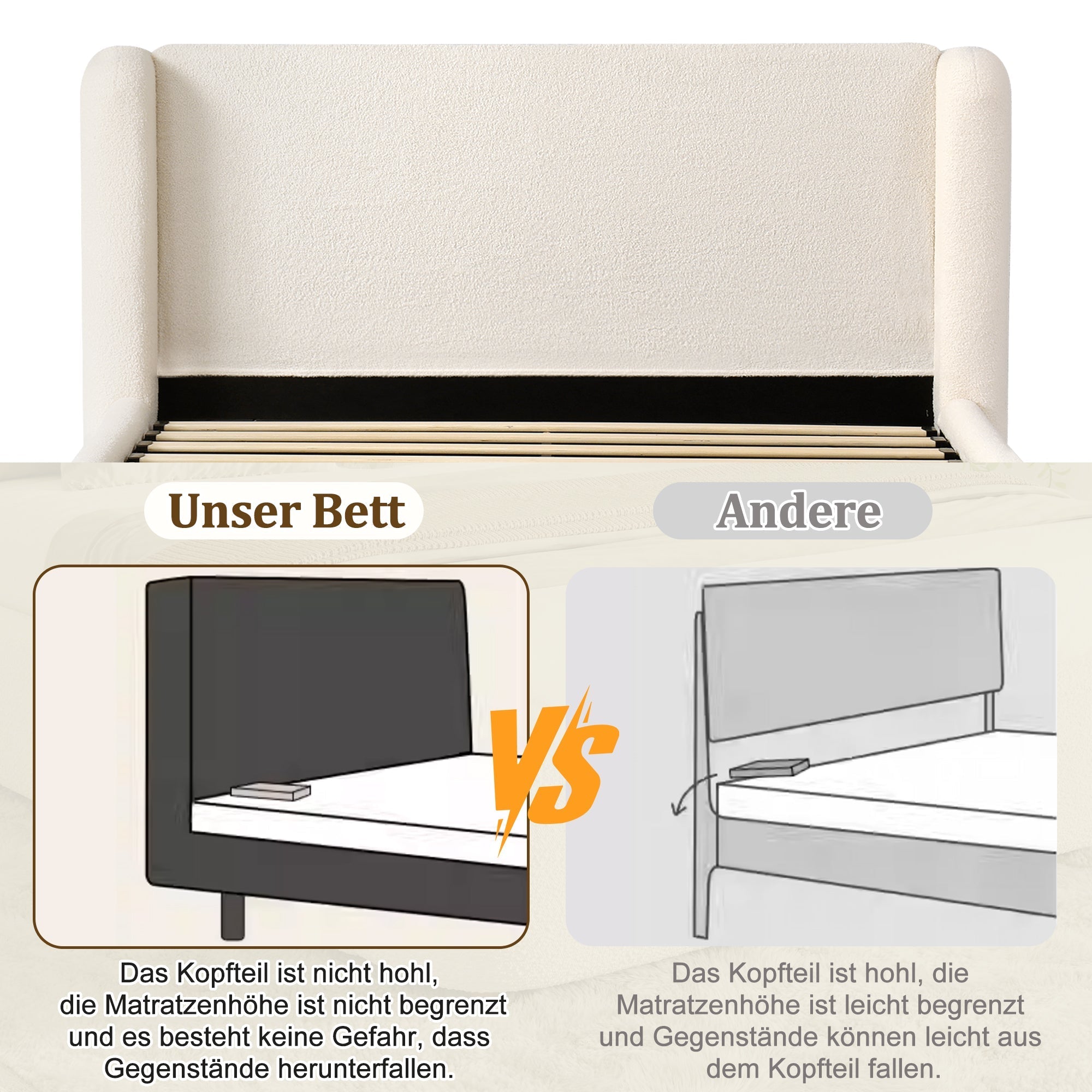 Upholstered Double Bed with Hydraulic Storage, Slatted Frame, and Headboard, Beige Bouclé, 160 x 200
