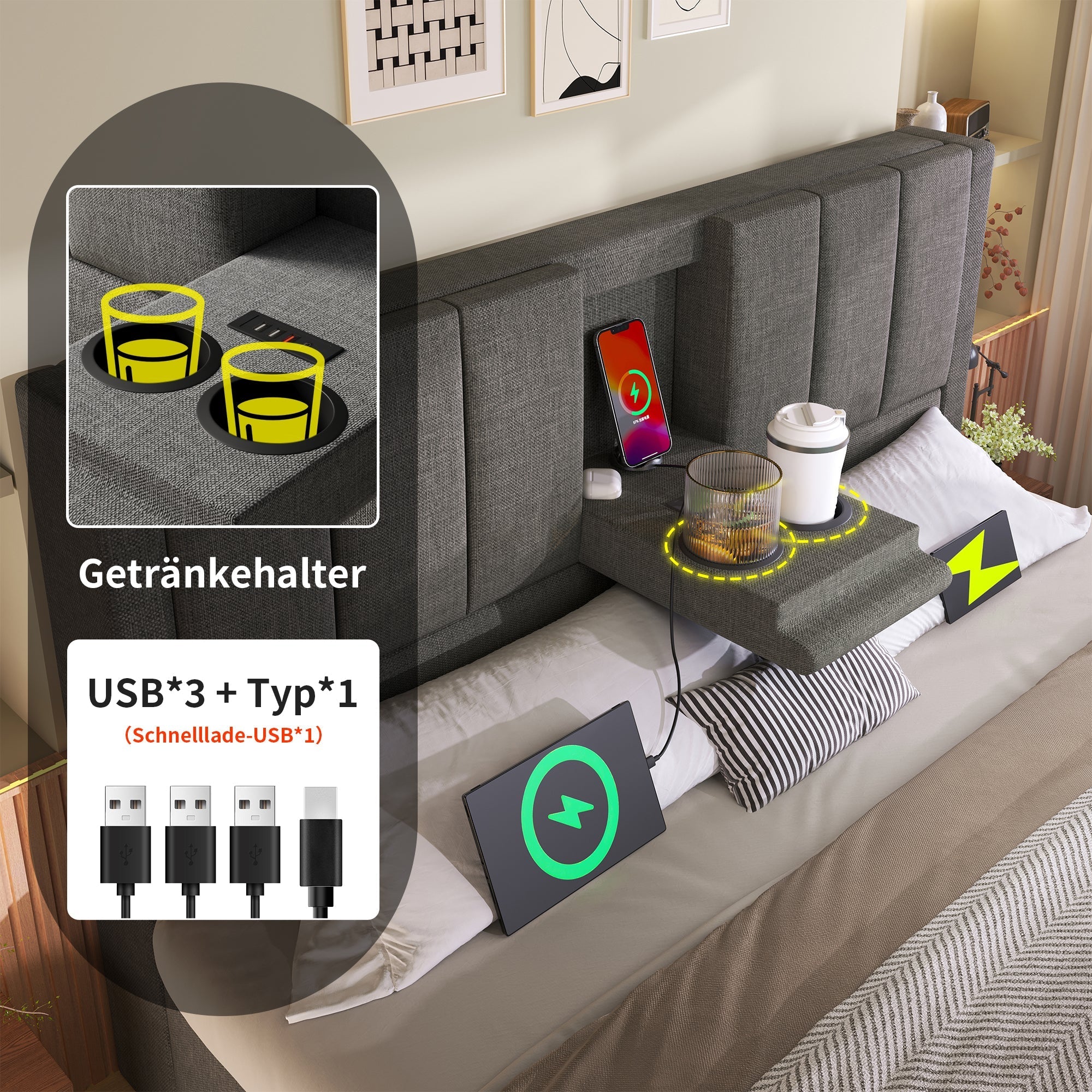 Upholstered Bed 140x200cm Hydraulic Storage with Charging Station and Cup Holder Linen Grey