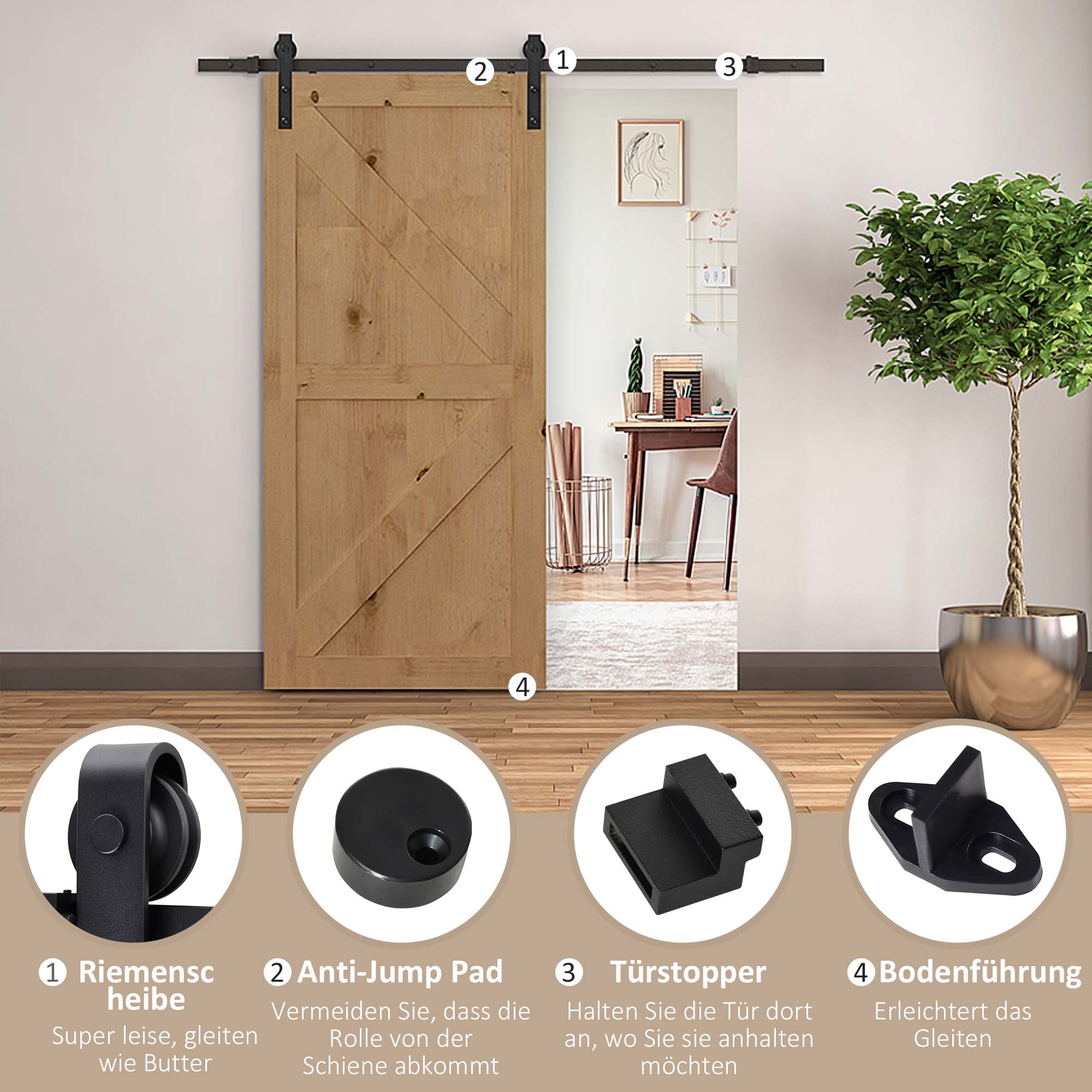 Sliding Door Hardware Kit 200 cm Complete Set Carbon Steel Black