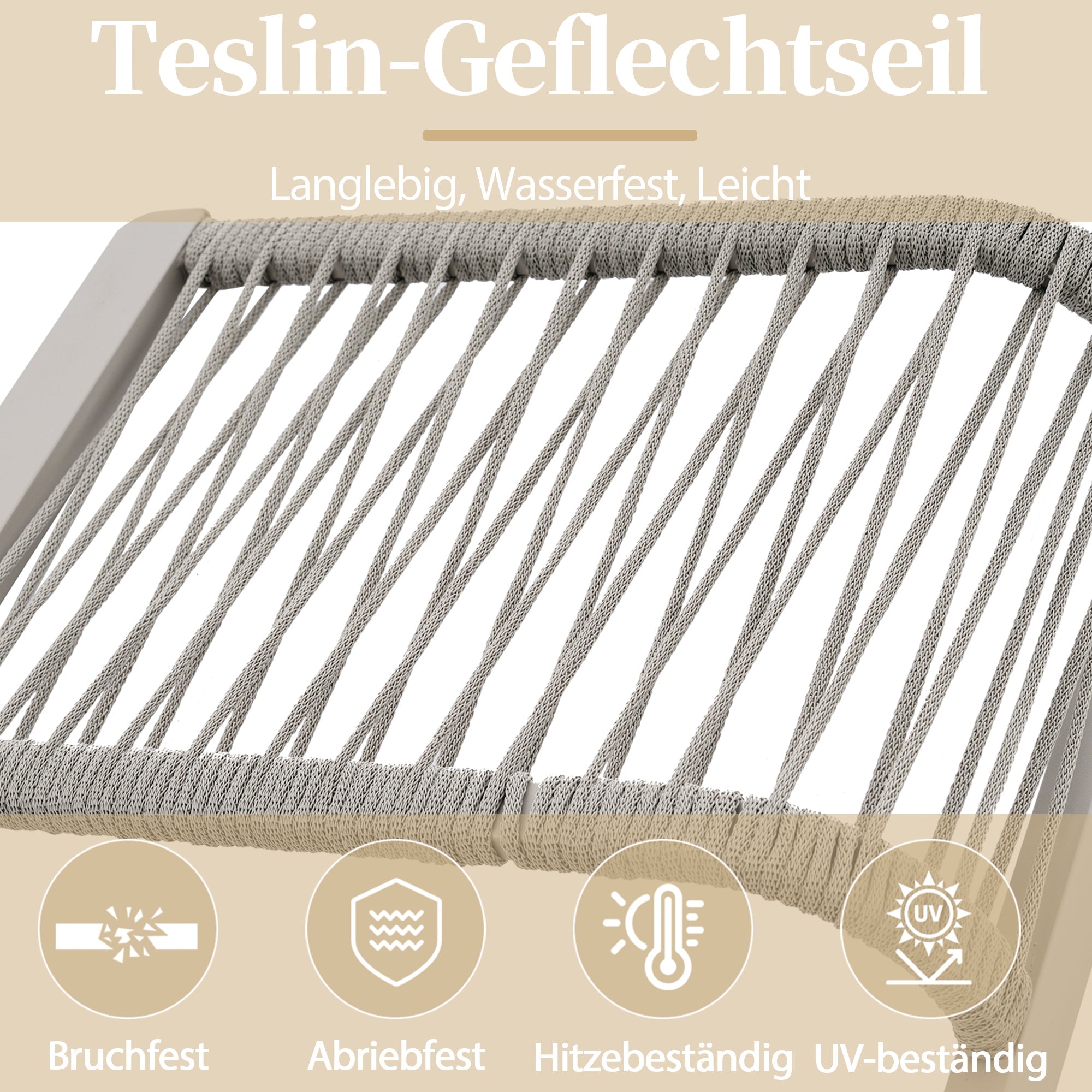 5-Piece Garden Furniture Set with Glass Tabletop and Teslin Rope Weave, Khaki