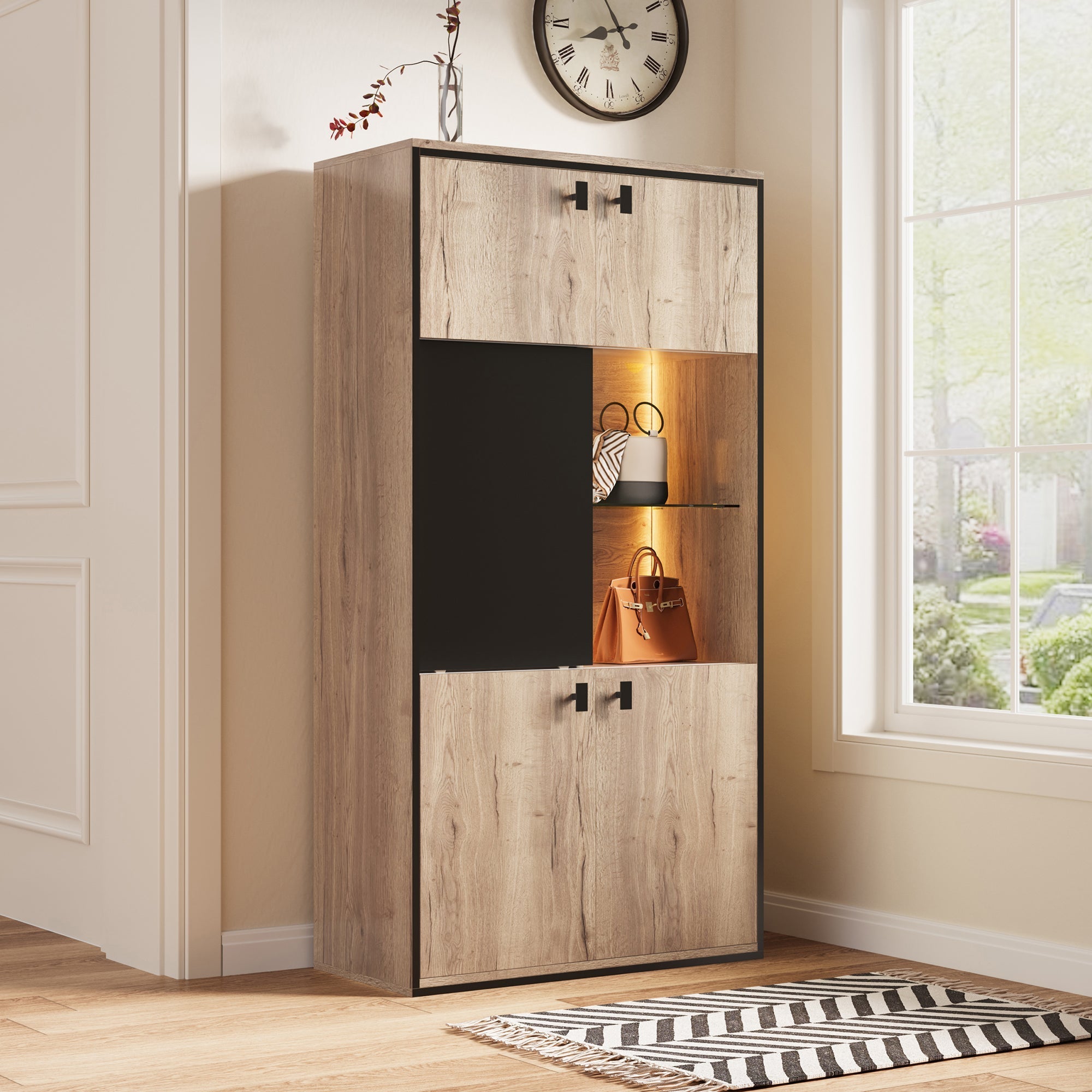 Modern Wardrobe Combination with LED Lighting and Sliding Doors, Wood Look and Black