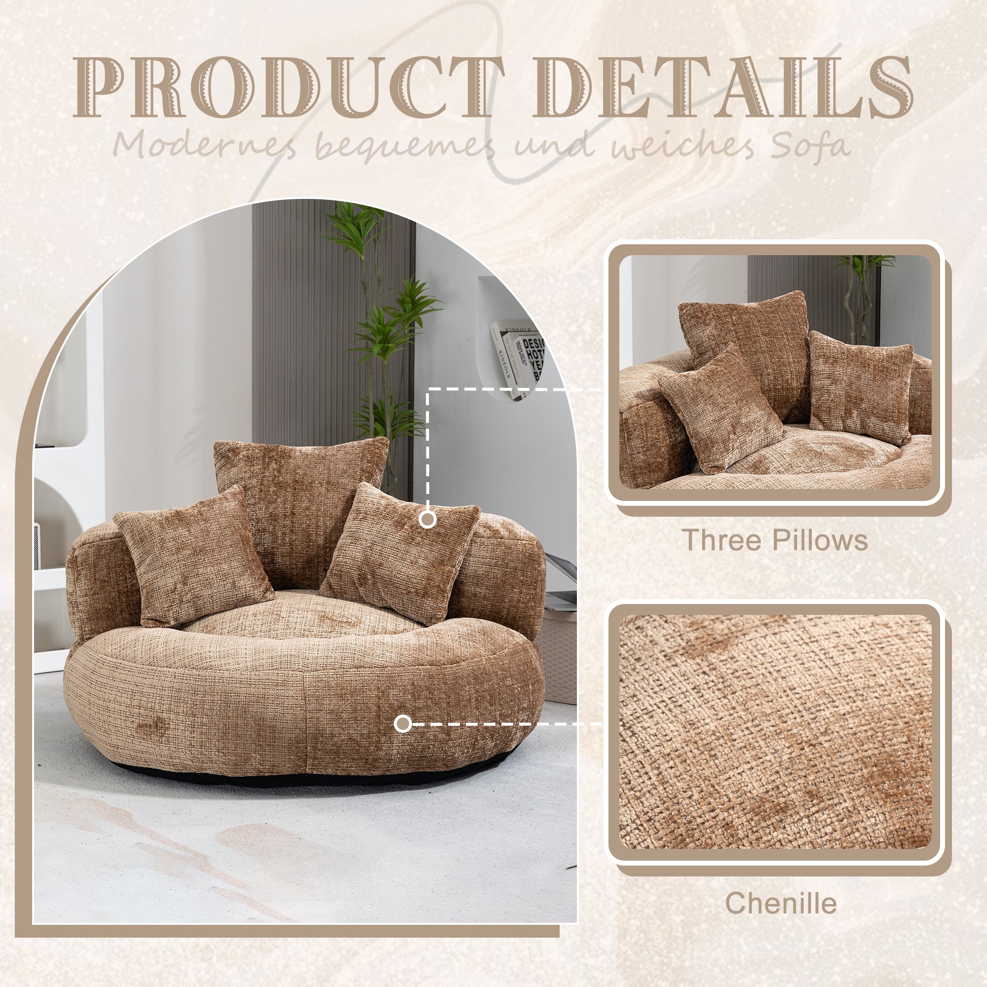 COOLMORE Lazy Sofa, Durable Comfort Lounger with Three Pillows, Coffee Chenille