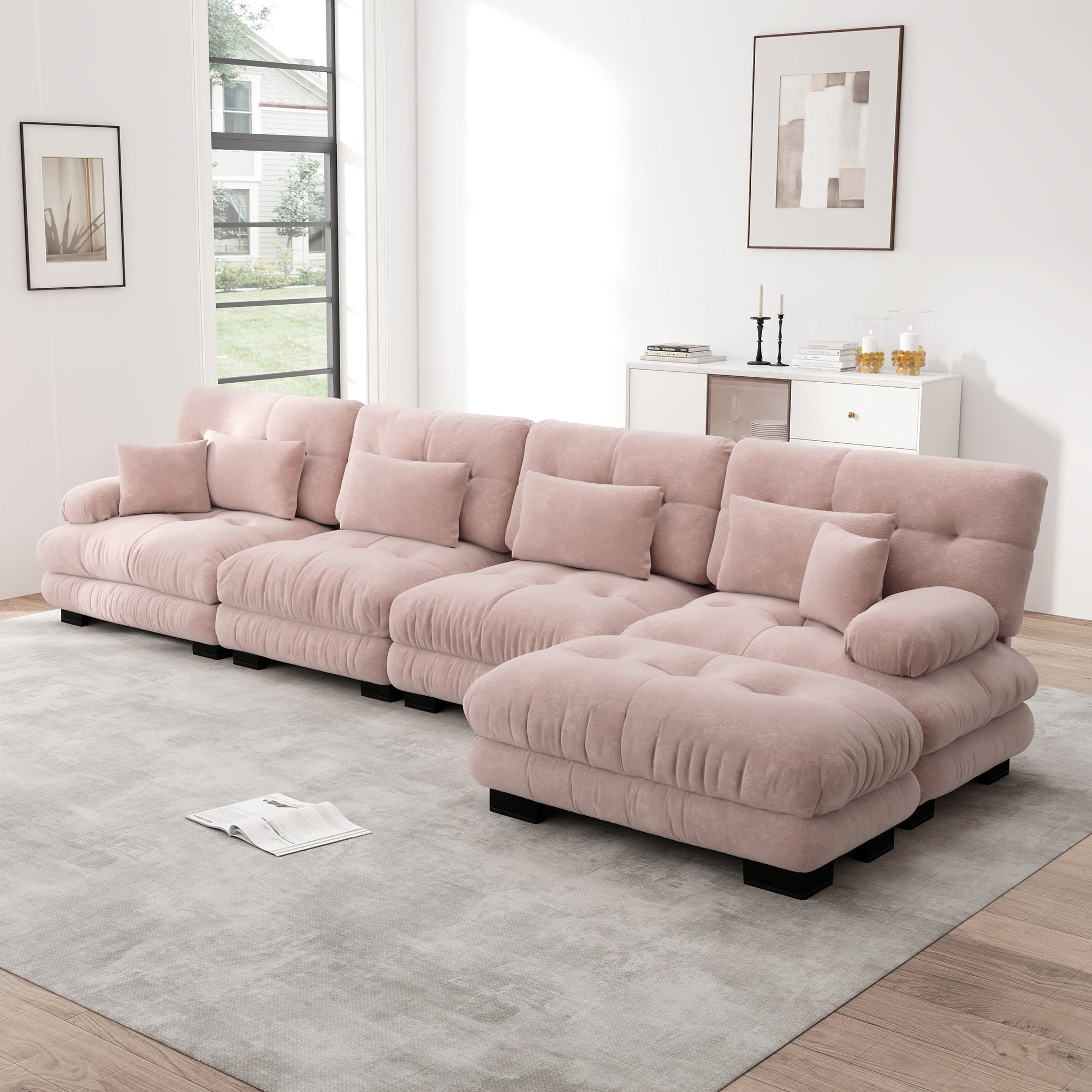 Modular Corner Sofa, L-shaped 4-Seater with Movable Ottoman, Chenille Pink