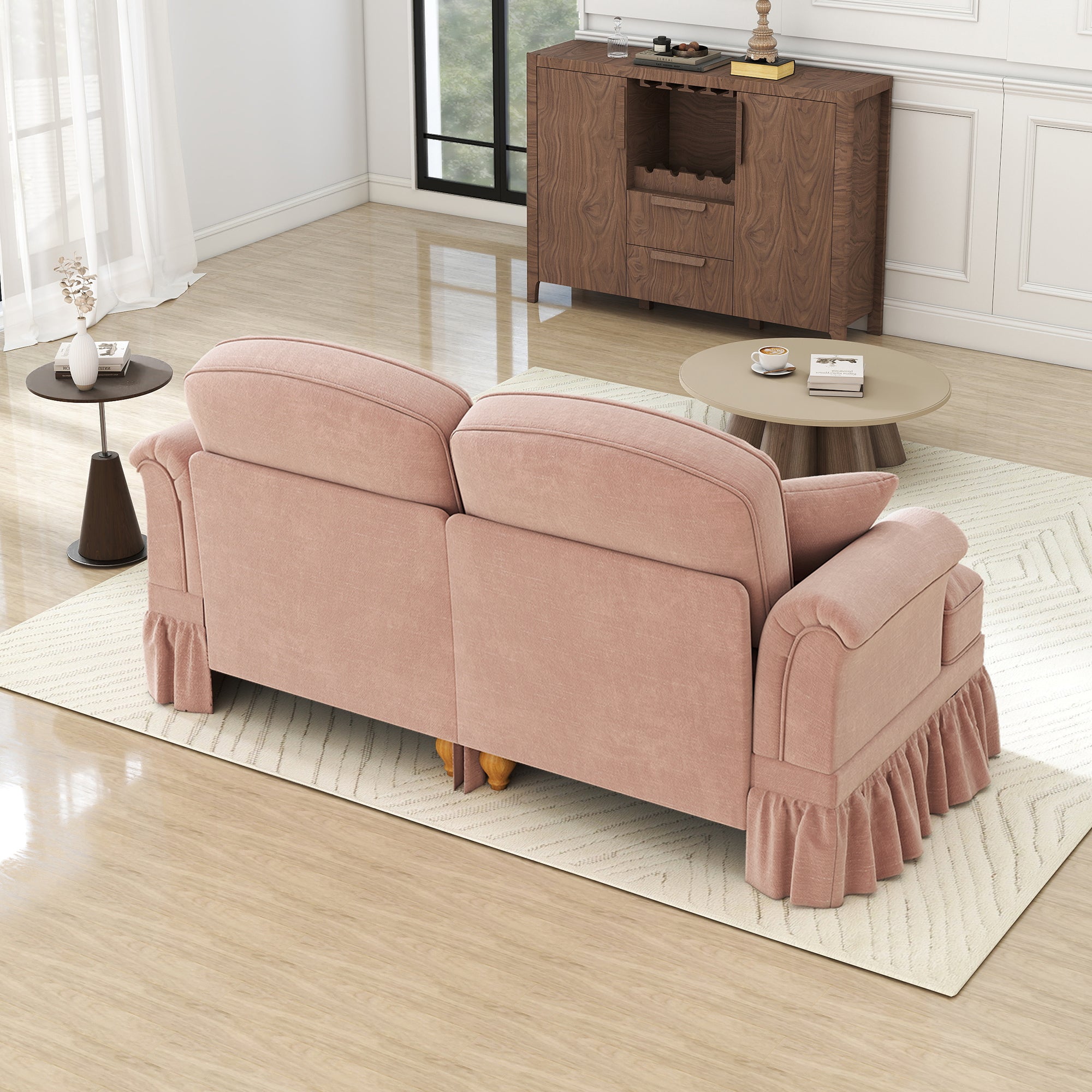 2-Seater Sofa Elegant Mid-Century Flared Armrests - Chenille Pink