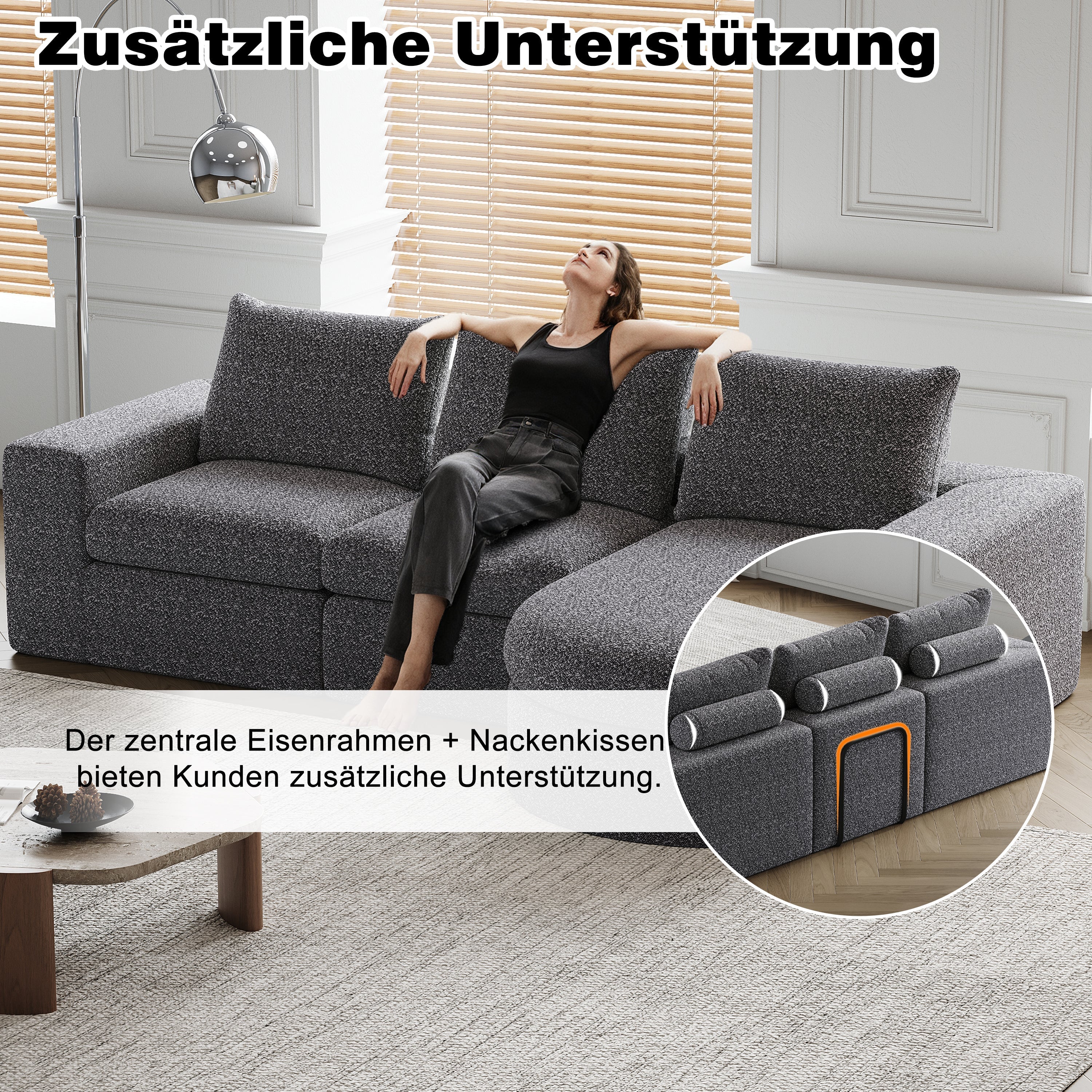 Chenille Sofa, Curved Modular L-Lounger, Foam Compressed
