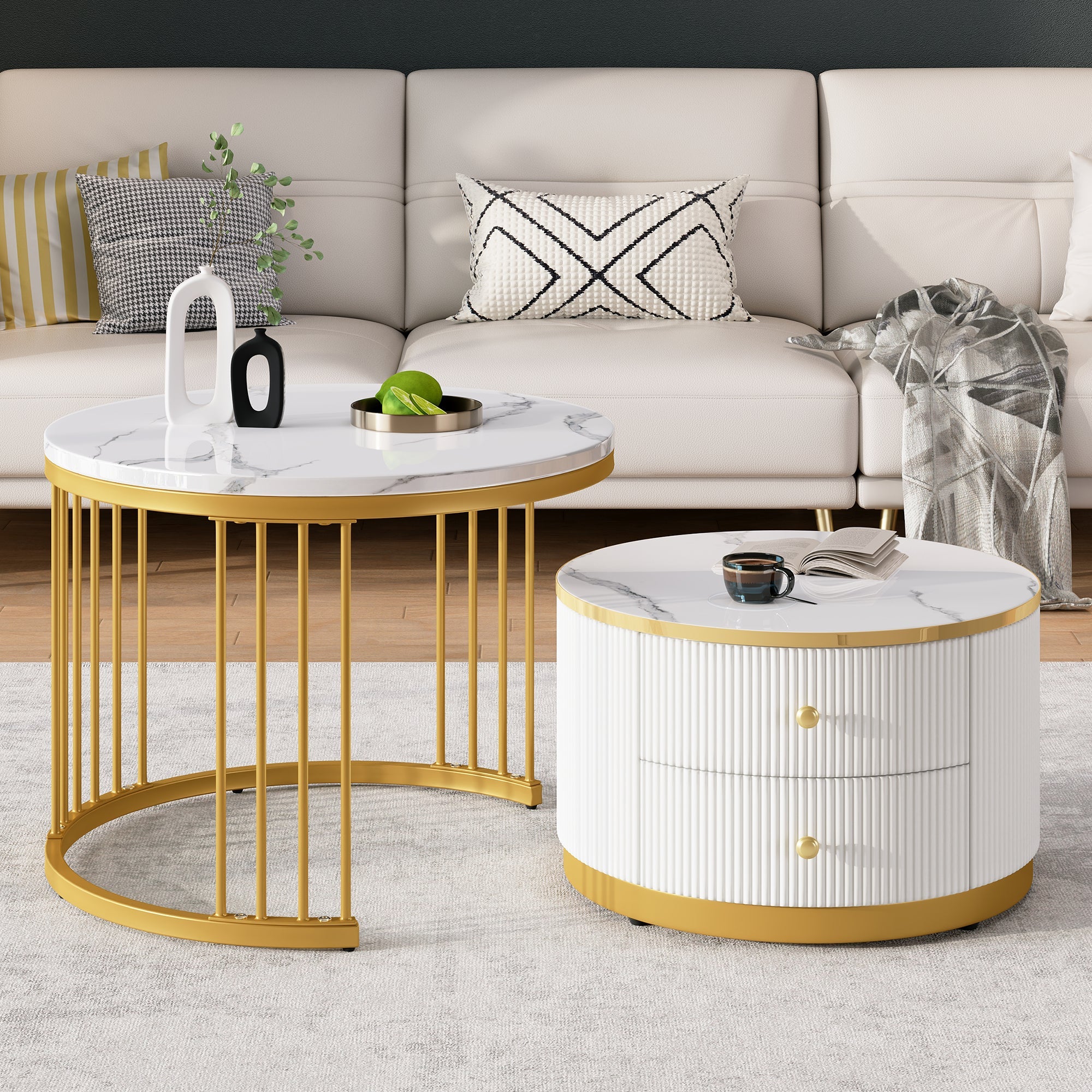 Elegant Nesting Coffee Table Set with Drawers, White Marble Look
