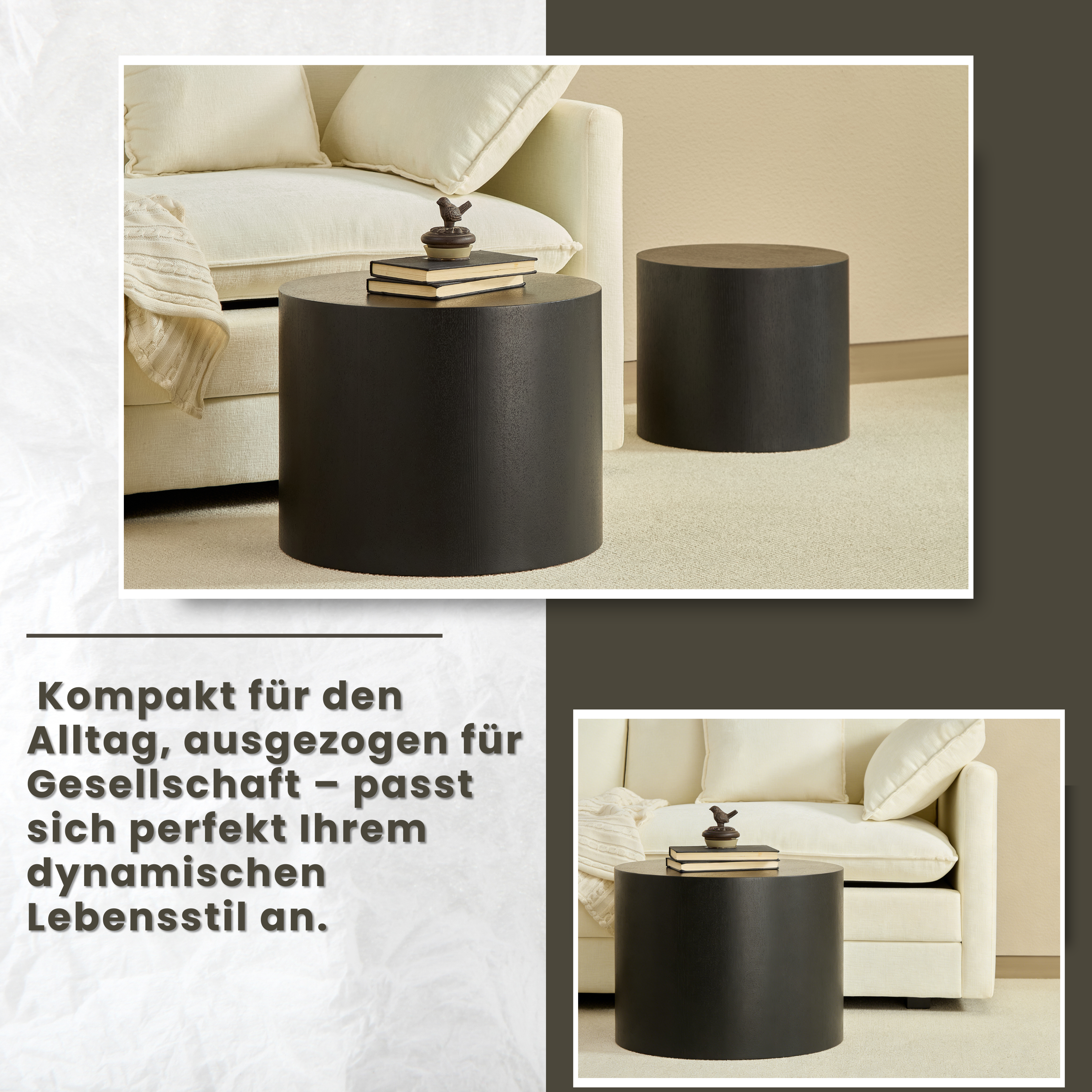 Modular Nesting Coffee Table Set of 2, Convertible and Space-Saving, Black and Oak or White Finish