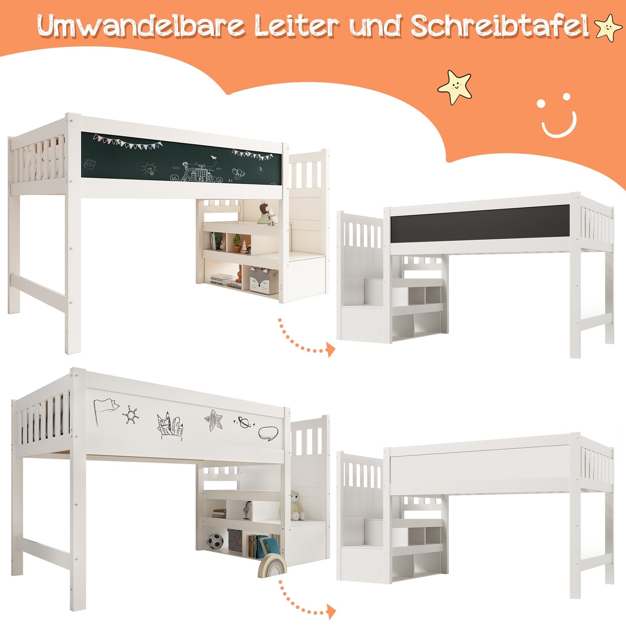Children's Loft Bed with Whiteboard & Blackboard, Storage, 90 x 200 cm, White