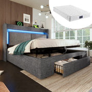 Upholstered Bed 140x200cm Hydraulic Storage Headboard LED USB/USB-C with Mattress - Grey Linen
