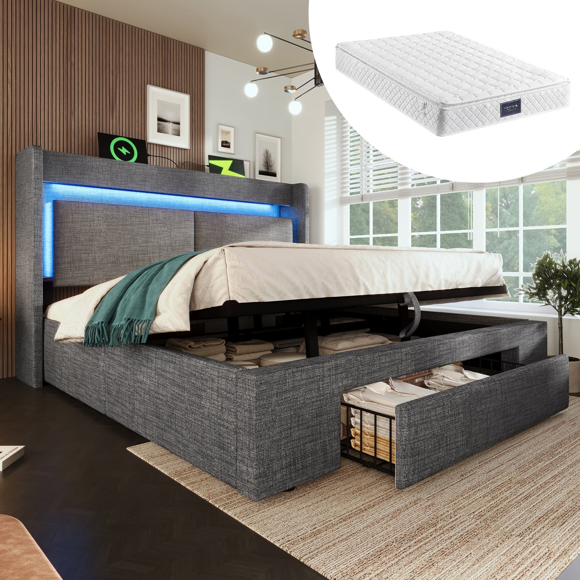 Upholstered Bed 140x200cm Hydraulic Storage Headboard LED USB/USB-C with Mattress - Grey Linen