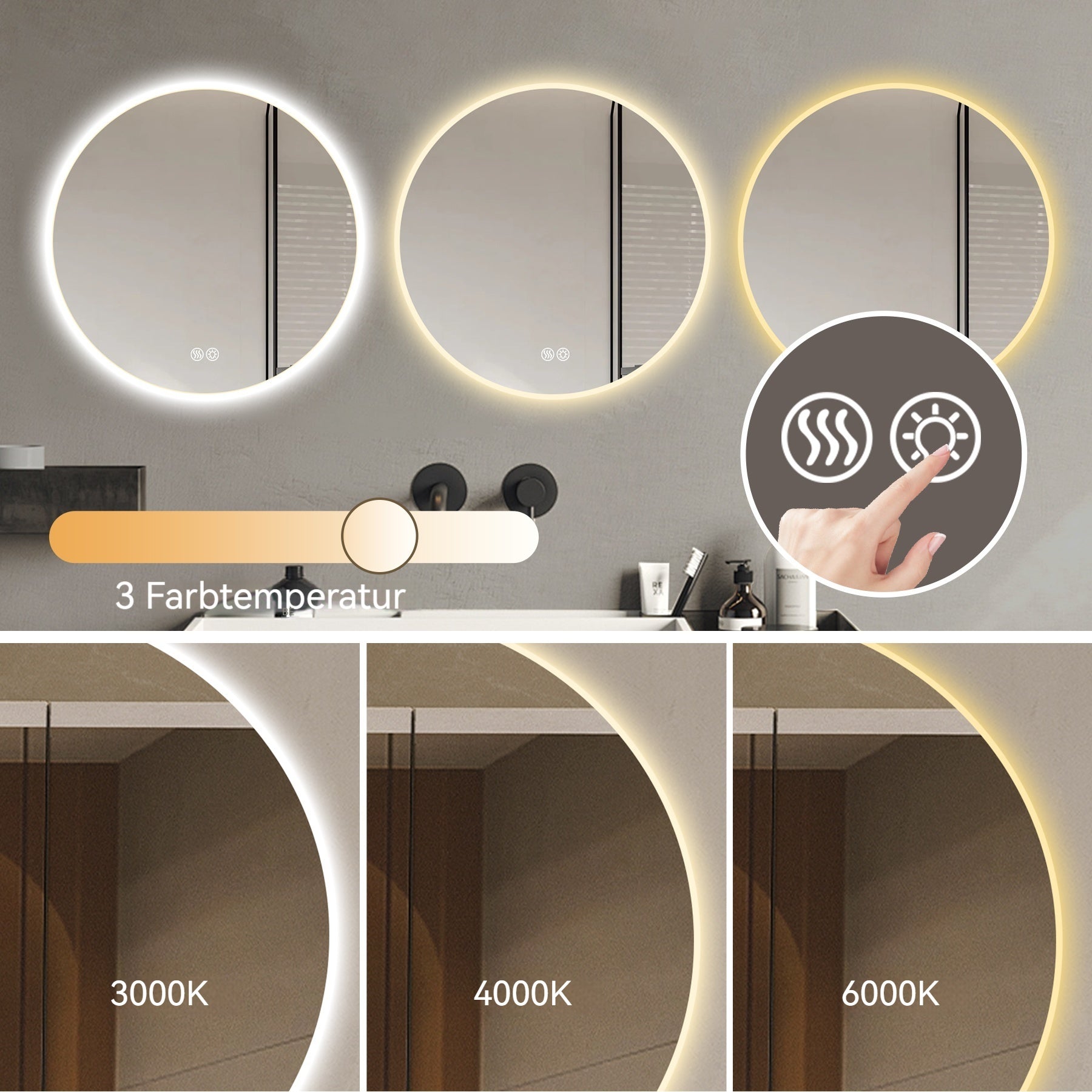 70cm LED Round Bathroom Mirror, Anti-Fog Dimmable Light 3 Color Temperature, Smart Mirror