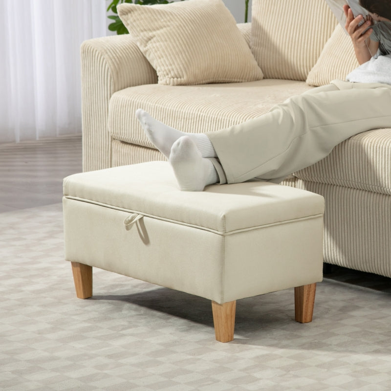 30L Linen Storage Ottoman Padded Footstool with Rubberwood Legs, Beige