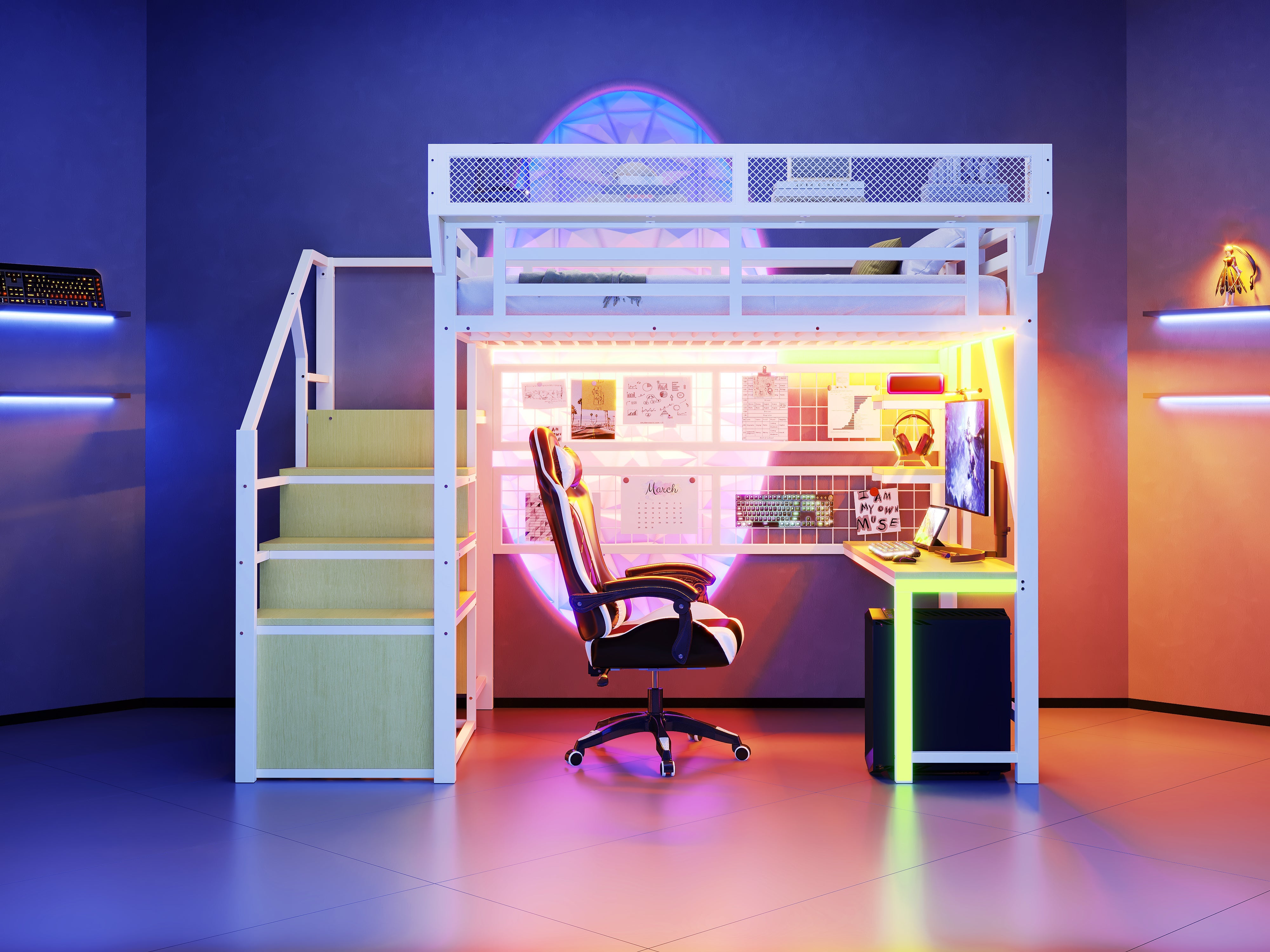 Metal Loft Bed with Desk, Shelf, Storage Net, LED and Socket, 140x200cm, White Metal