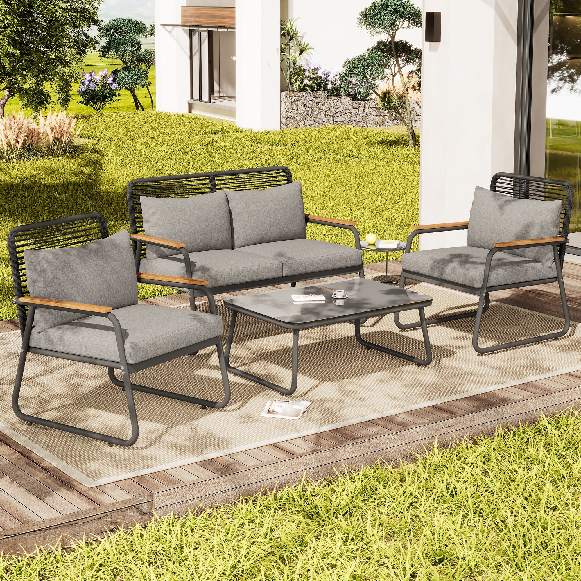 Garden Lounge Set 4-Seater Galvanized Iron Frame Tempered Glass - Grey