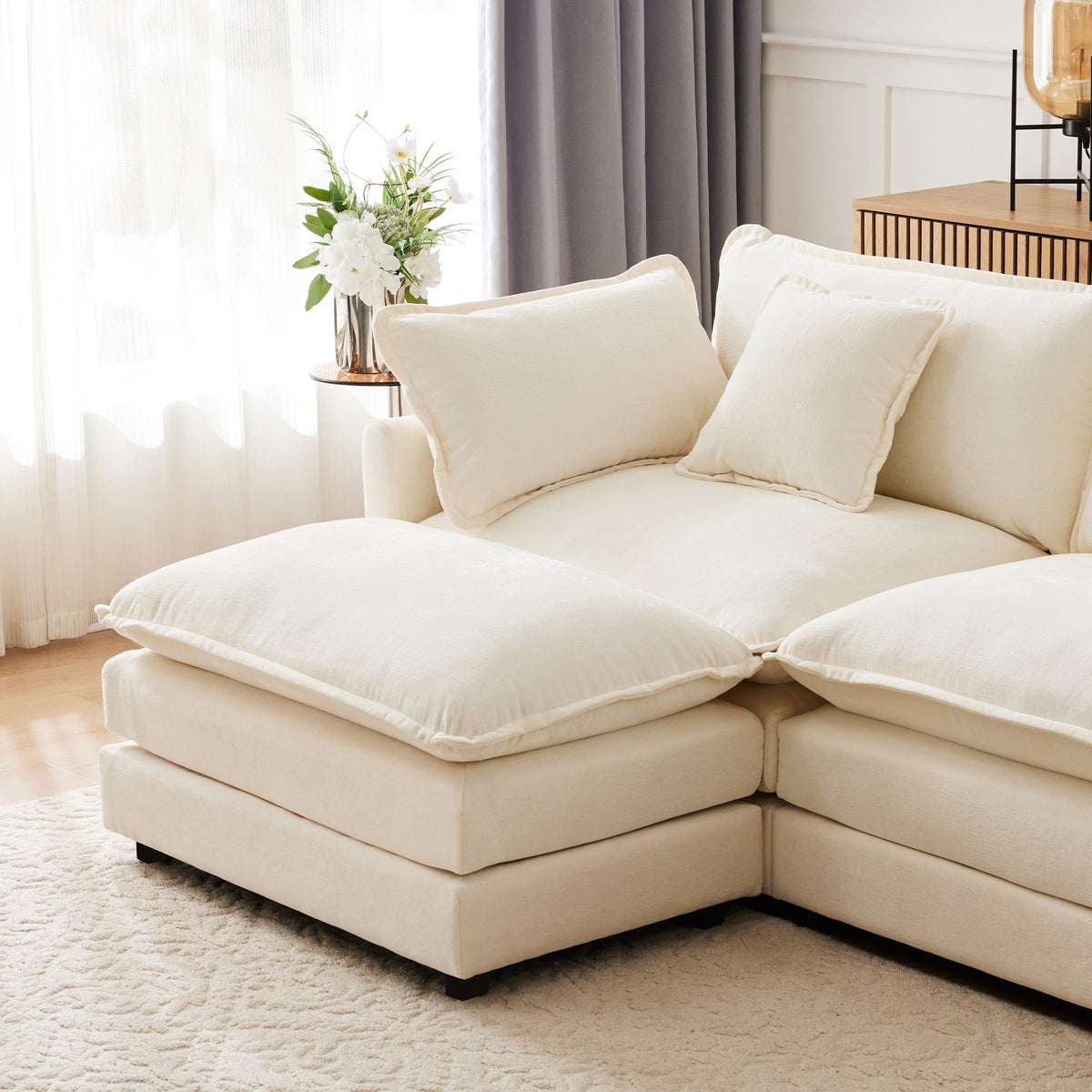 L-Shaped Corner Sofa 3-Seater Upholstered with Footrest, Modern Chenille Fabric