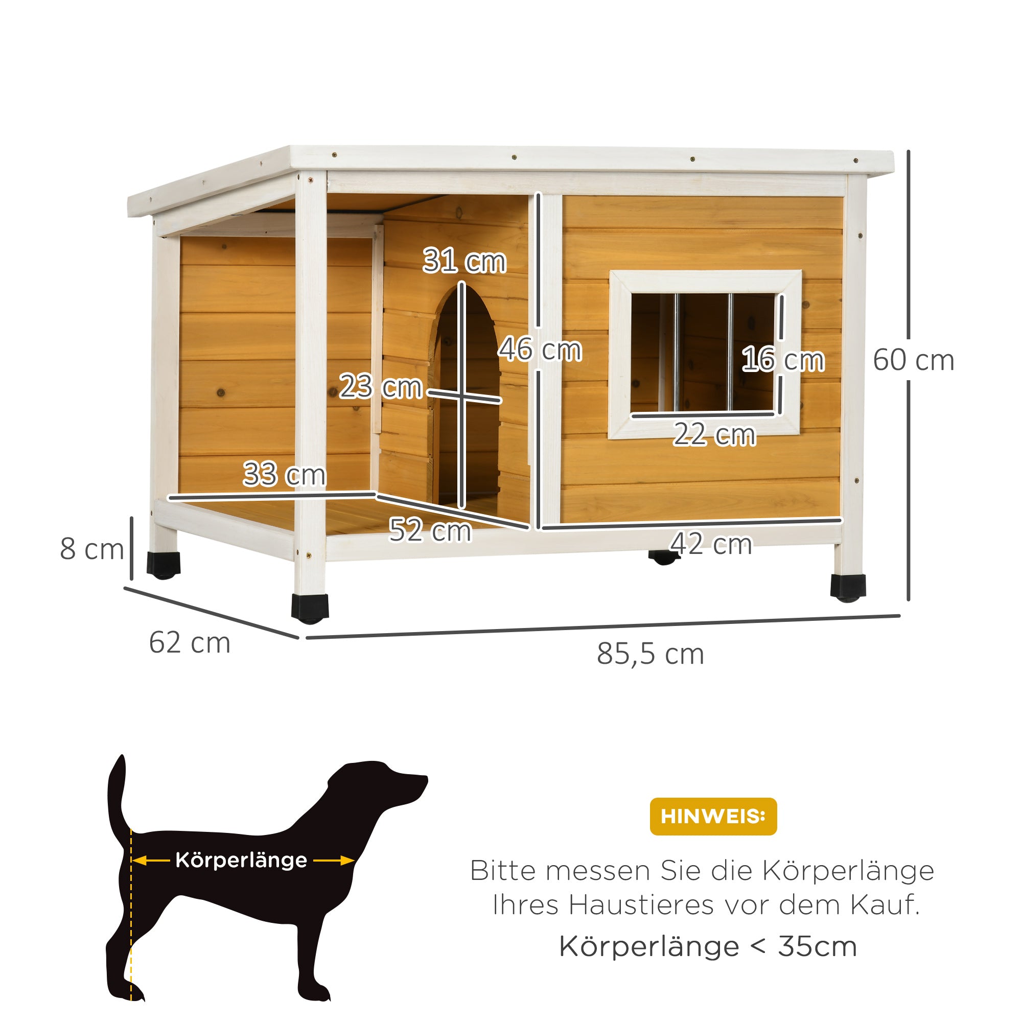 Doghouse with Veranda, Hinged Roof & Adjustable Feet, Natural Wood Orange