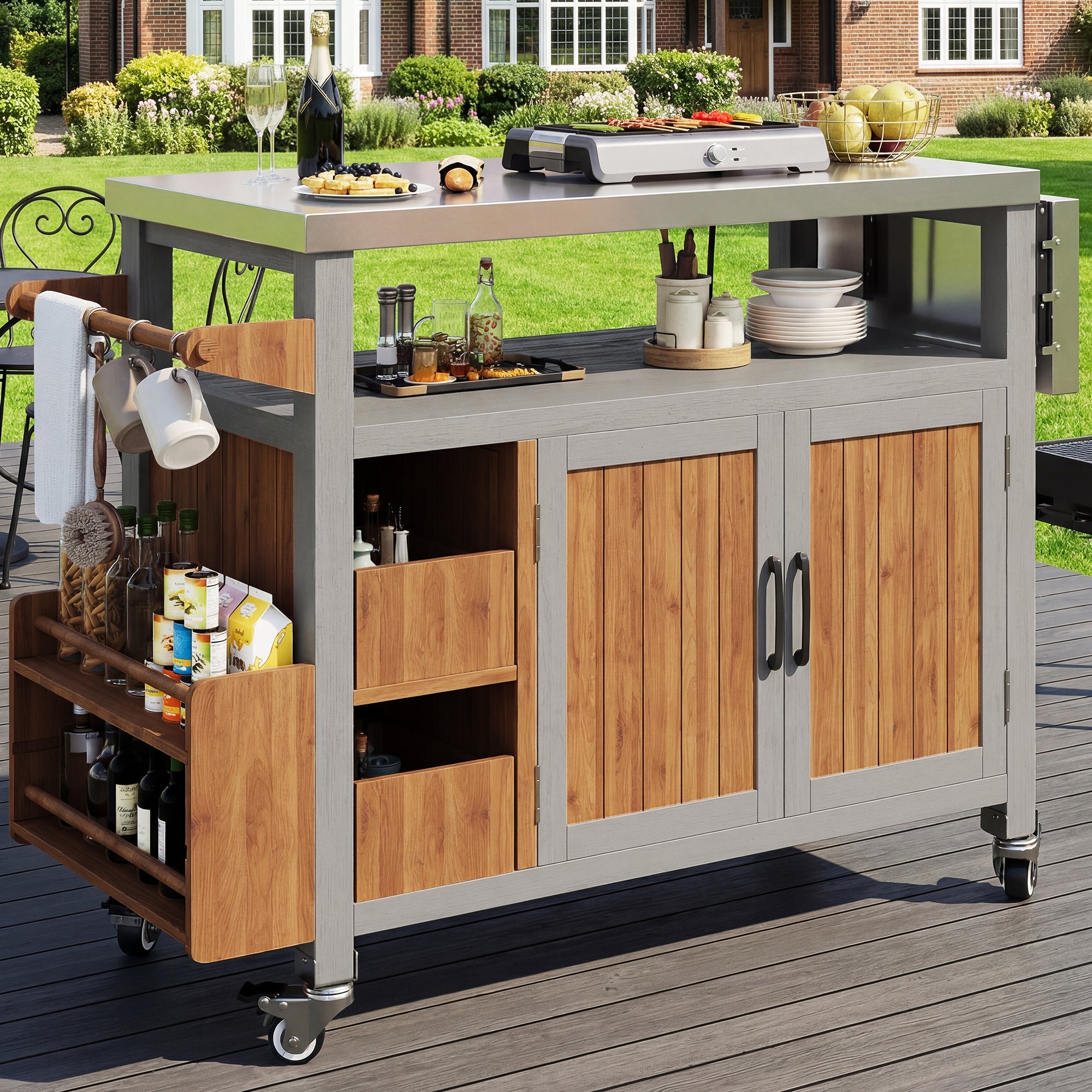 BBQ Side Table with Stainless Steel Worktop and Pull-out Shelf, Solid Wood