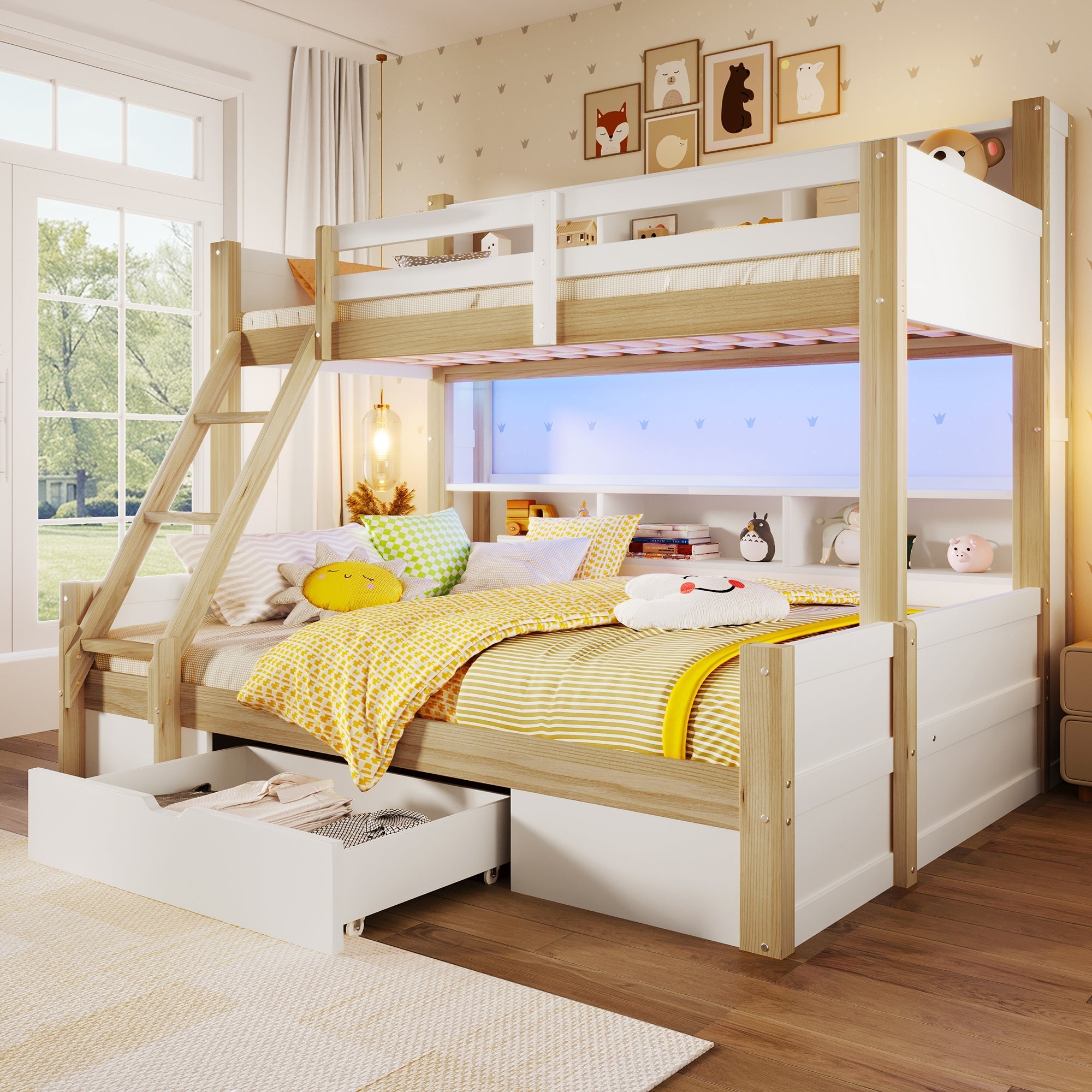 Bunk Bed with Storage Compartments, 1 Drawer and LED Light, 90x200cm + 140x200cm, White and Natural