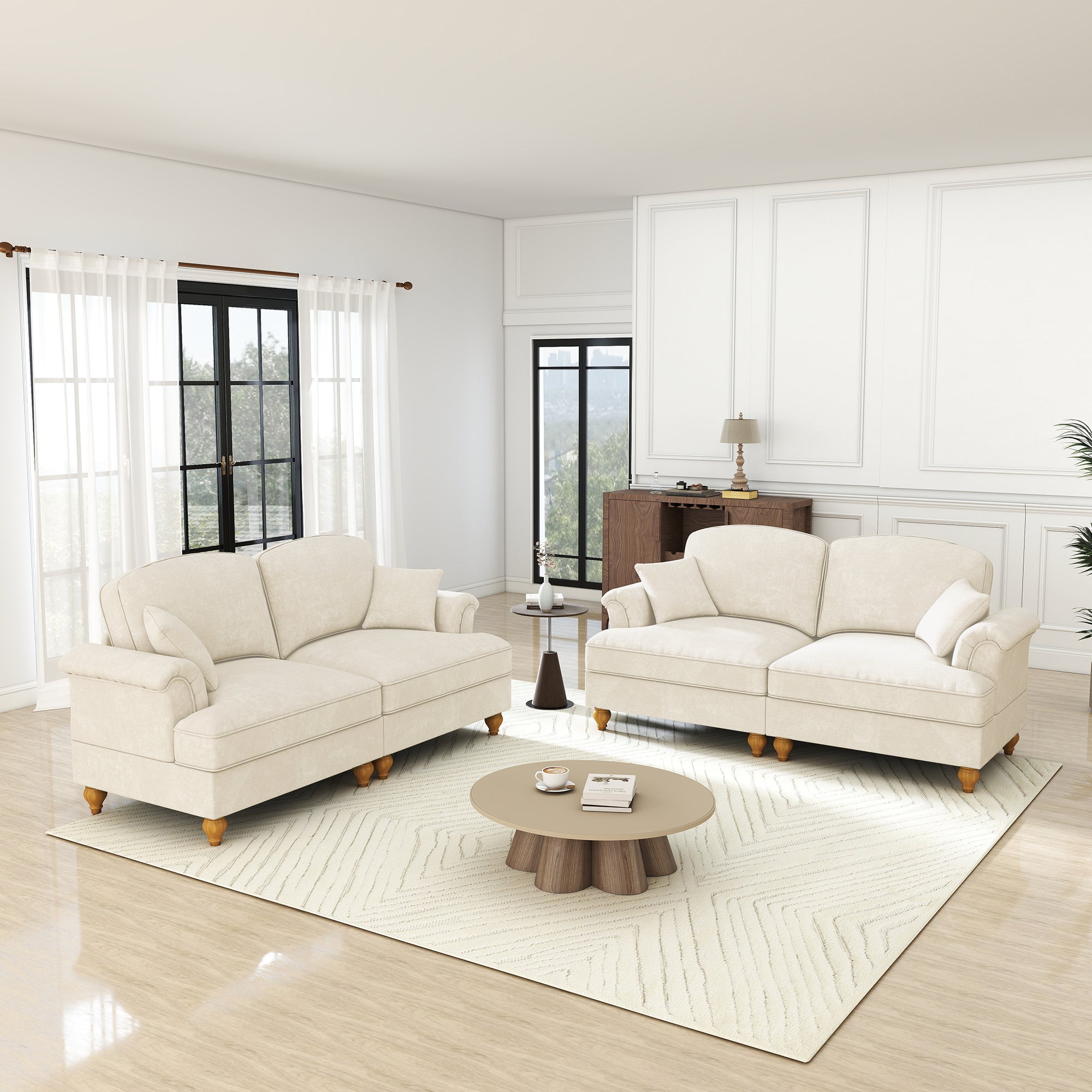 L-Shaped 2-Seater Sofa Mid-Century Chenille Movable Ottoman - White