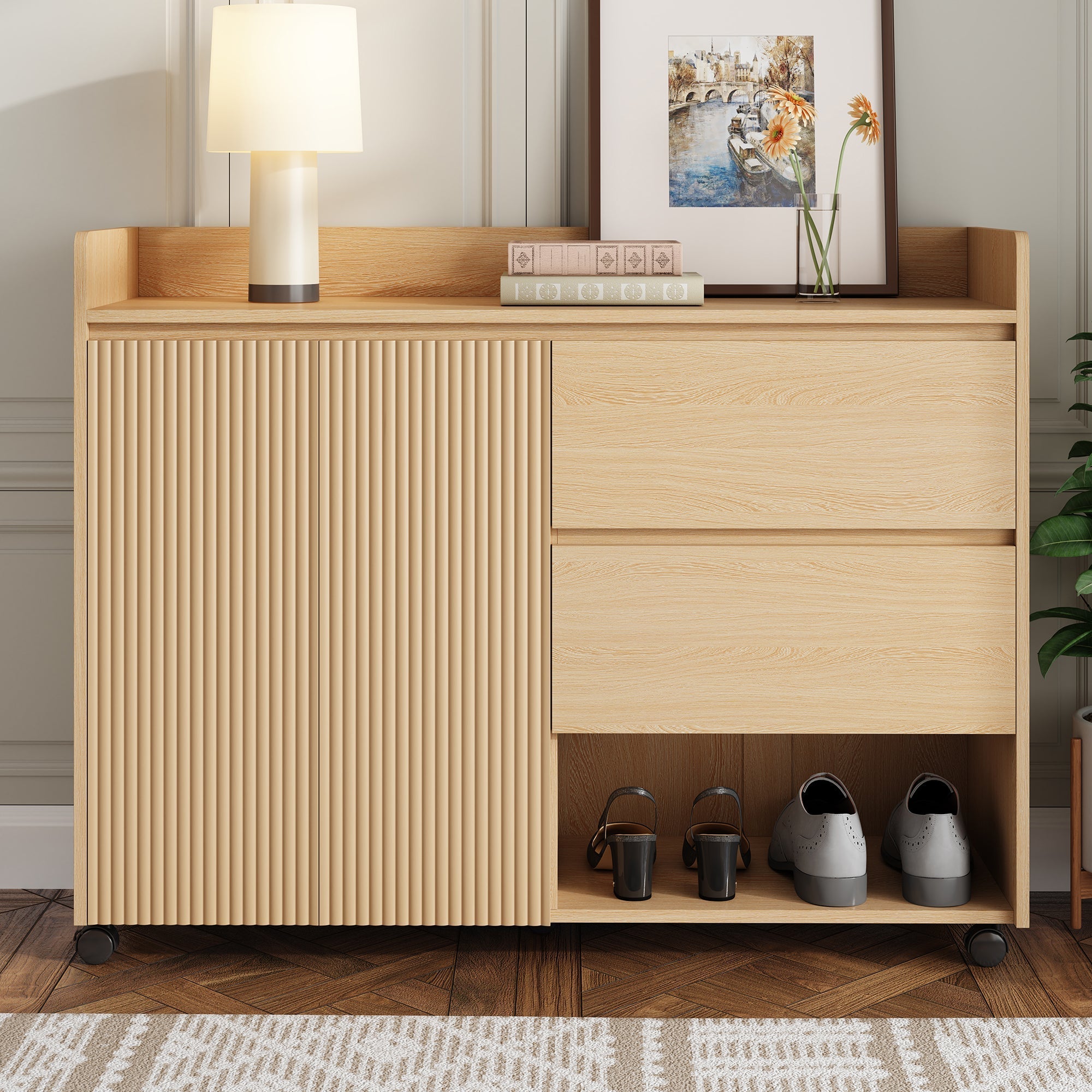 Shoe Cabinet, Movable with Adjustable Shelves, Soft-Closing Hinge, Natural MDF