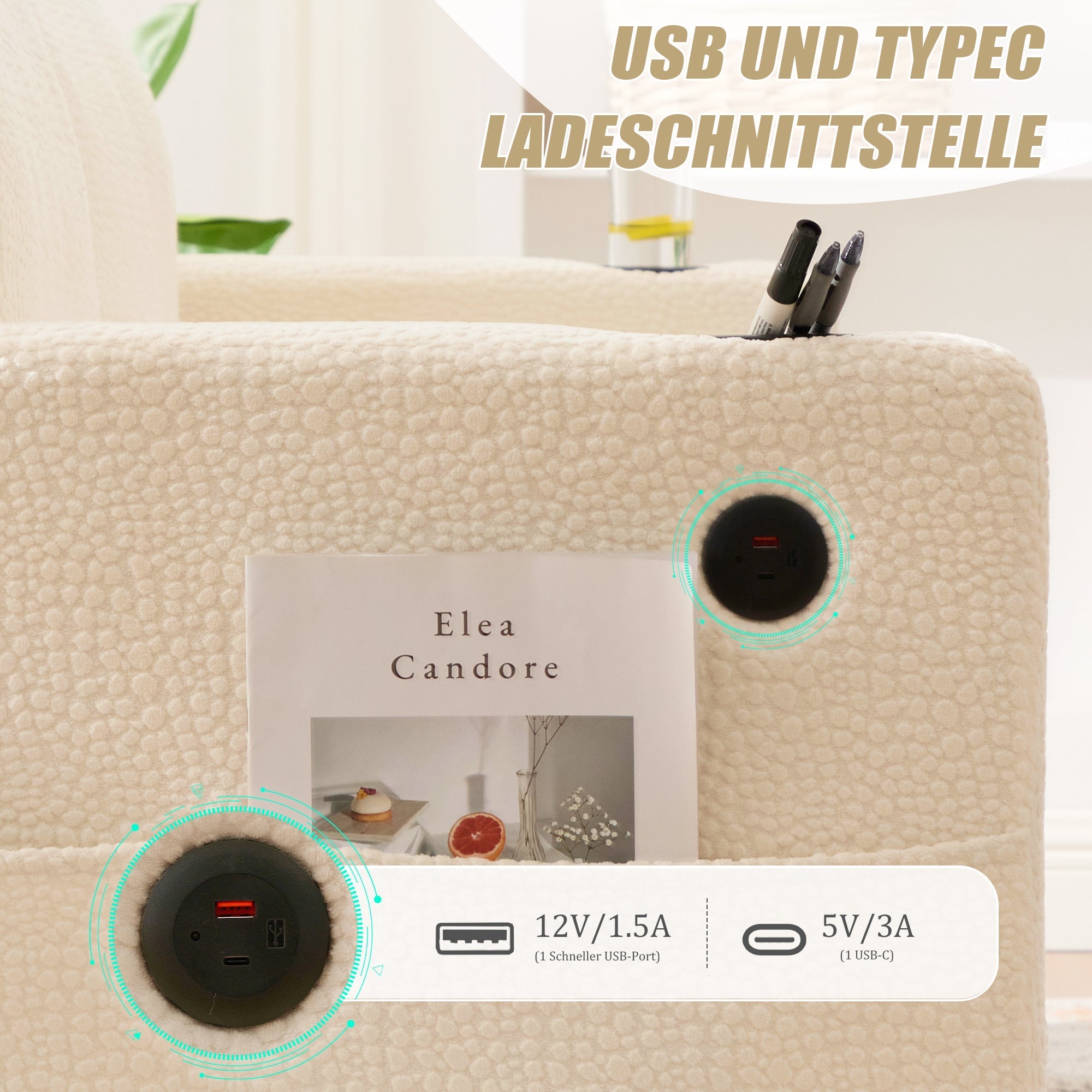 Modern 2-Seater Sofa with USB-C, LED Light, Cupholders, Chenille Beige