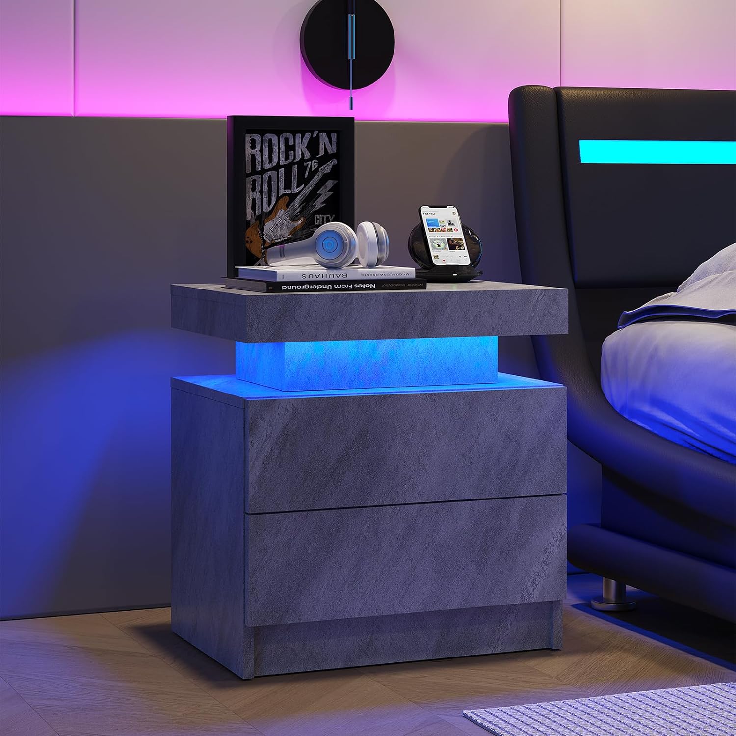 Nightstand LED Bedside Table Cabinet Lights Modern End Side with 2 Drawers for Bedroom (Gray)