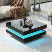 Black Square High Gloss Coffee Table with 360° Rotating Top, Tea Table with 16-Color LED light, 70x70x36 cm