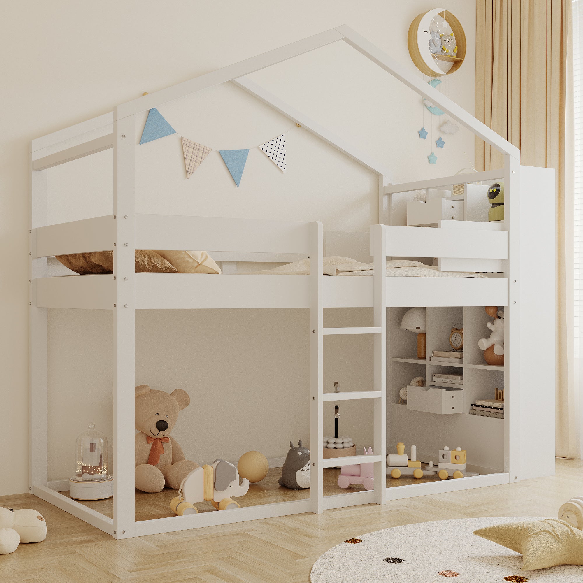 Bunk Bed 90x200cm with Storage Slatted Base Pine Wood White