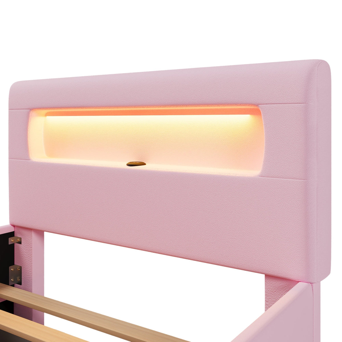 Upholstered Platform Bed 90x200cm Stairs Drawers LED USB Storage Pockets - Pink