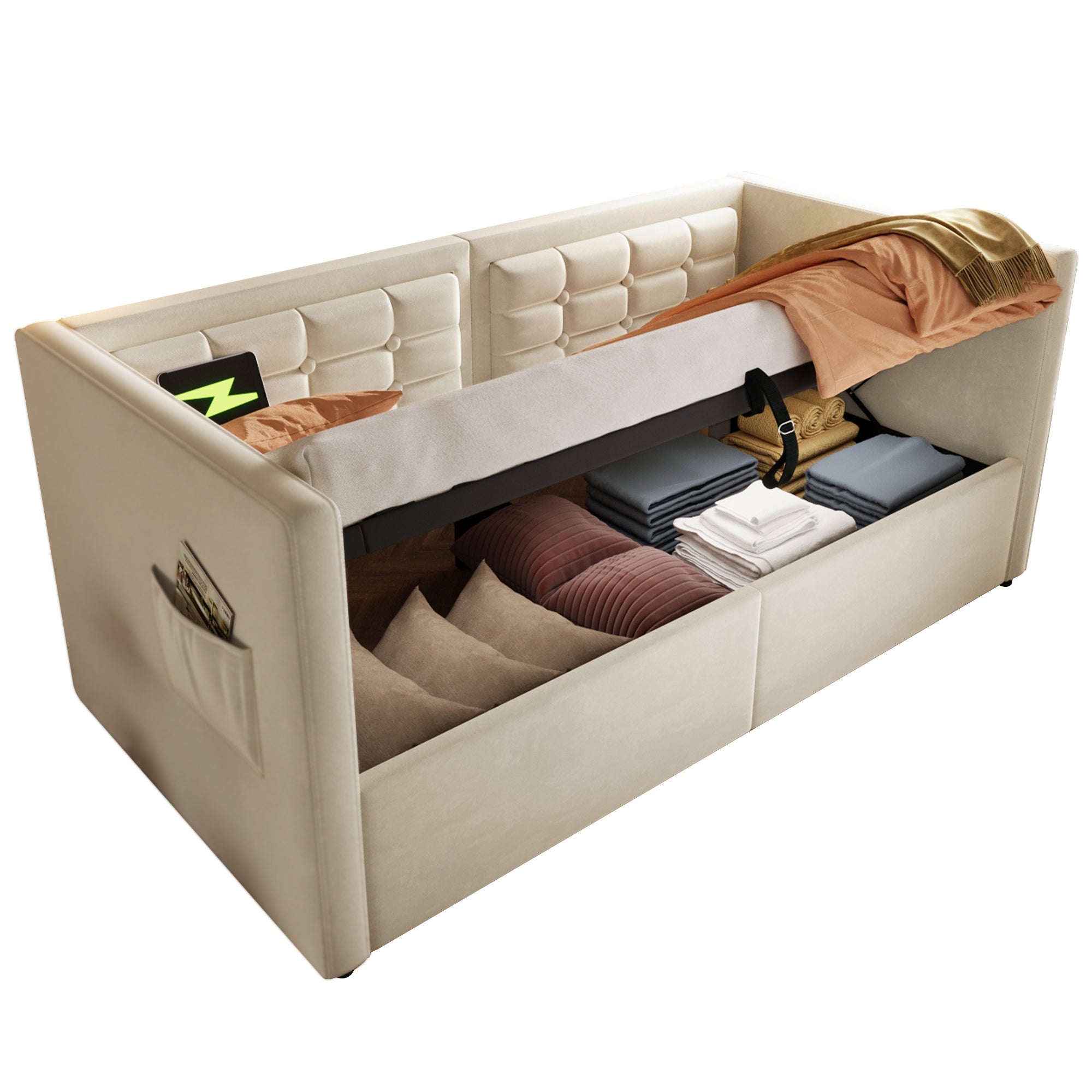 Daybed Upholstered Bed 3FT Single, USB Charging, Hydraulic Storage, Velvet Beige (No Mattress)