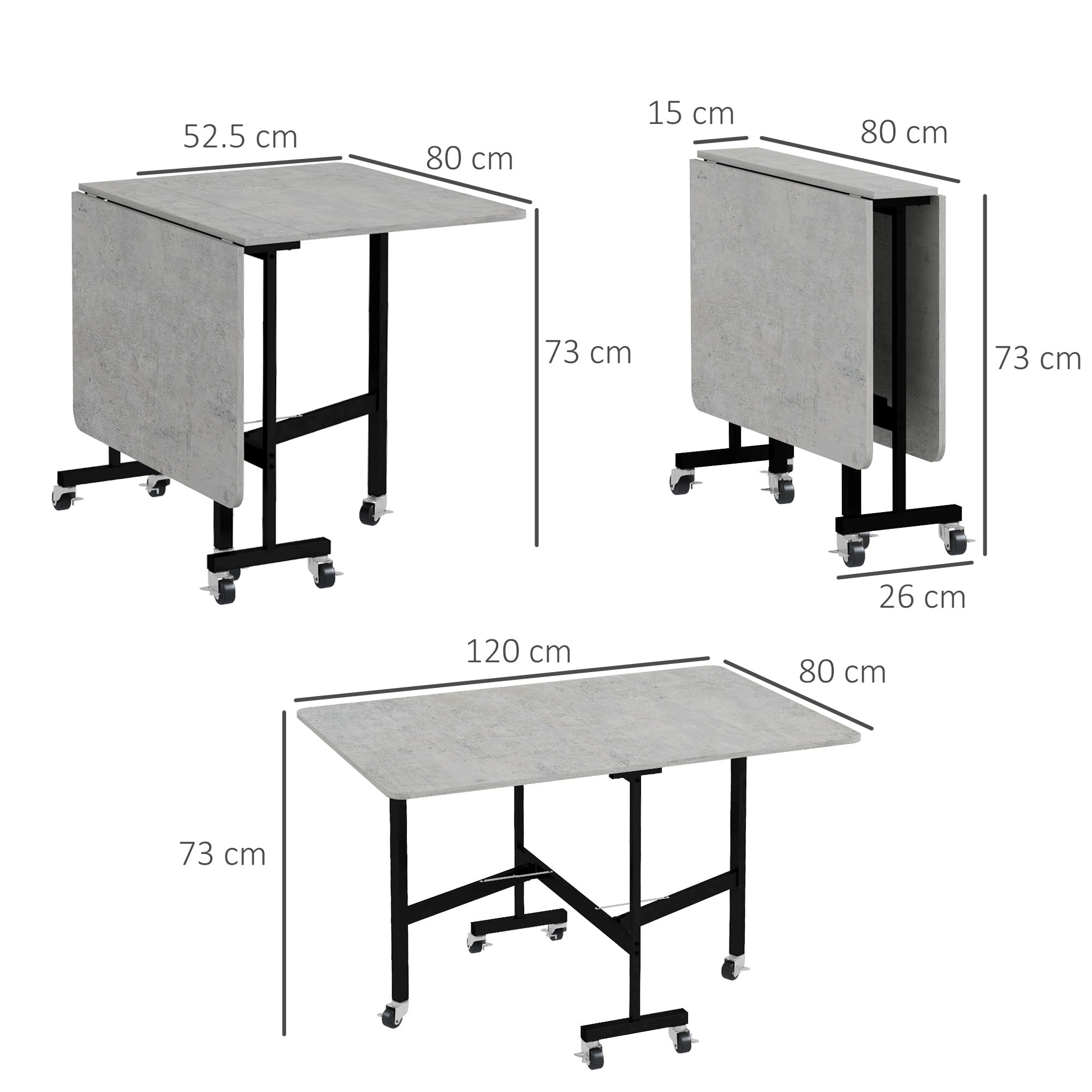 Folding Dining Table, Extendable 4-6 People Wheels Steel Legs