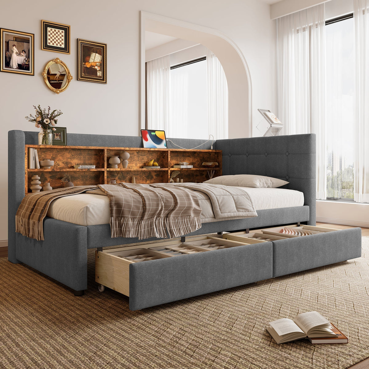 Daybed Sofa Bed 90x200cm 2 Drawers USB/Type C Storage - Linen Grey