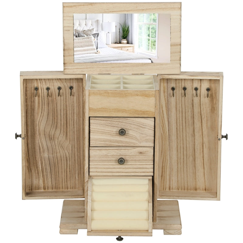 Schmuckkasten, 4-lagig mit Spiegel, Holzbraun