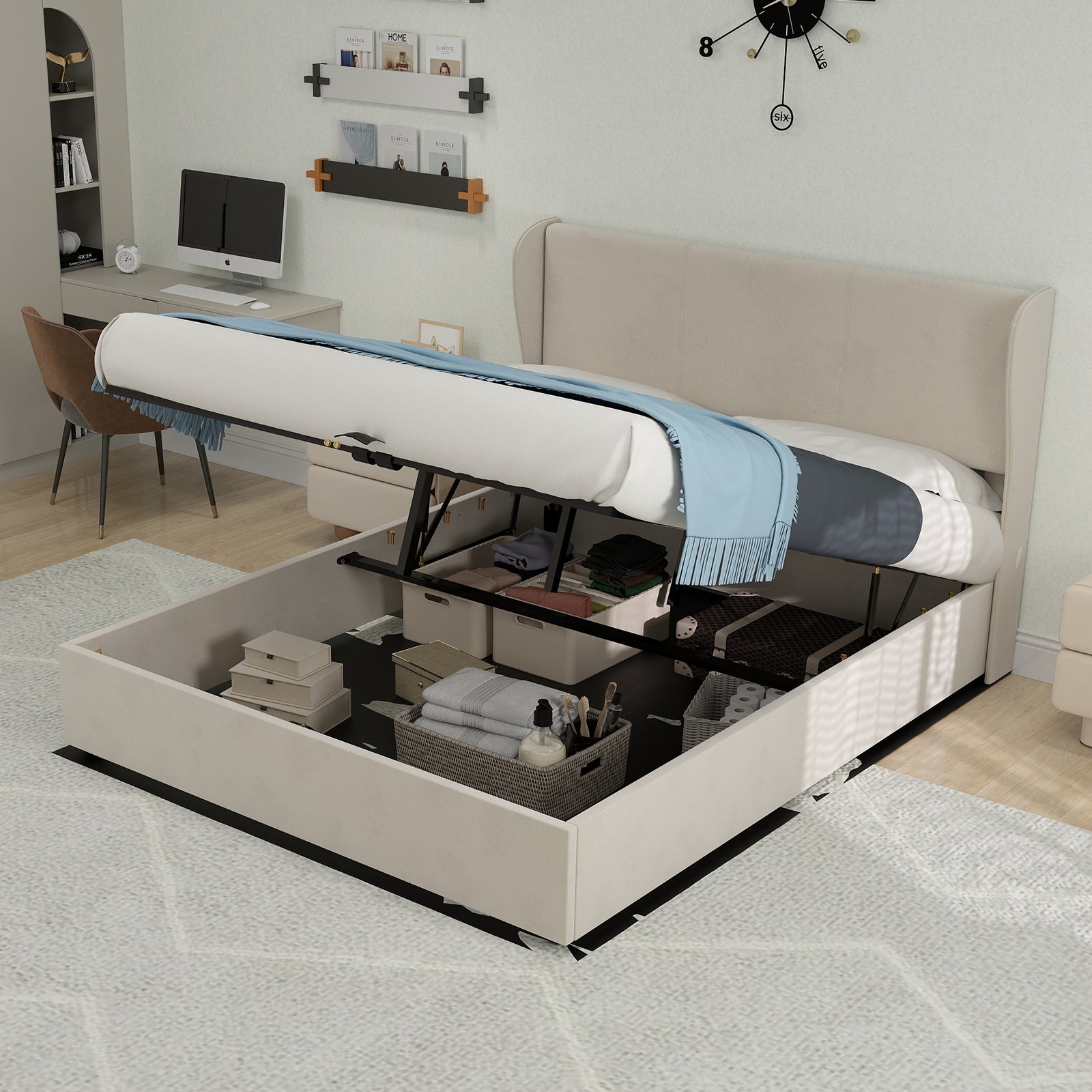 Modern Minimalist Upholstered Bed, 140x200 cm with Gas Lift Storage and Headboard, Beige