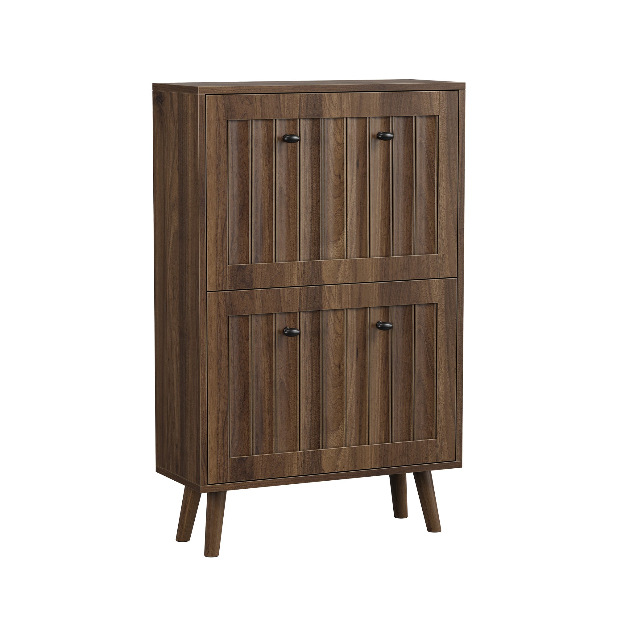 Shoe Storage Cabinet with Vertically Grooved Surface and Medieval Style, 60cm High, Walnut