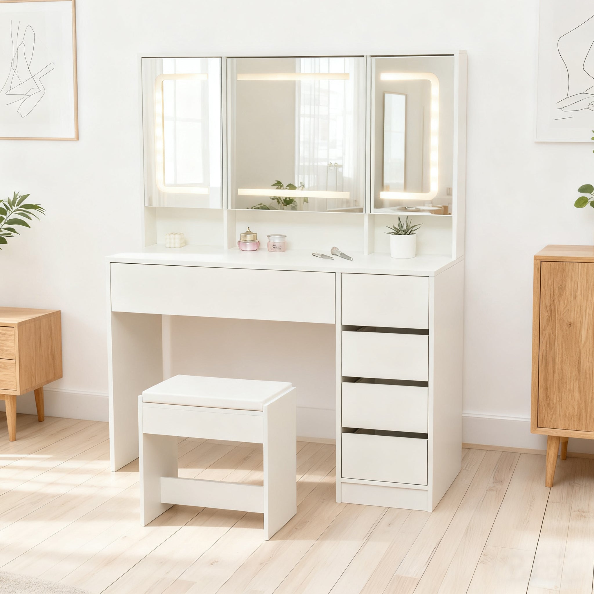 Dressing Table Vanity Set with Stool, Lighting, Mirror, White