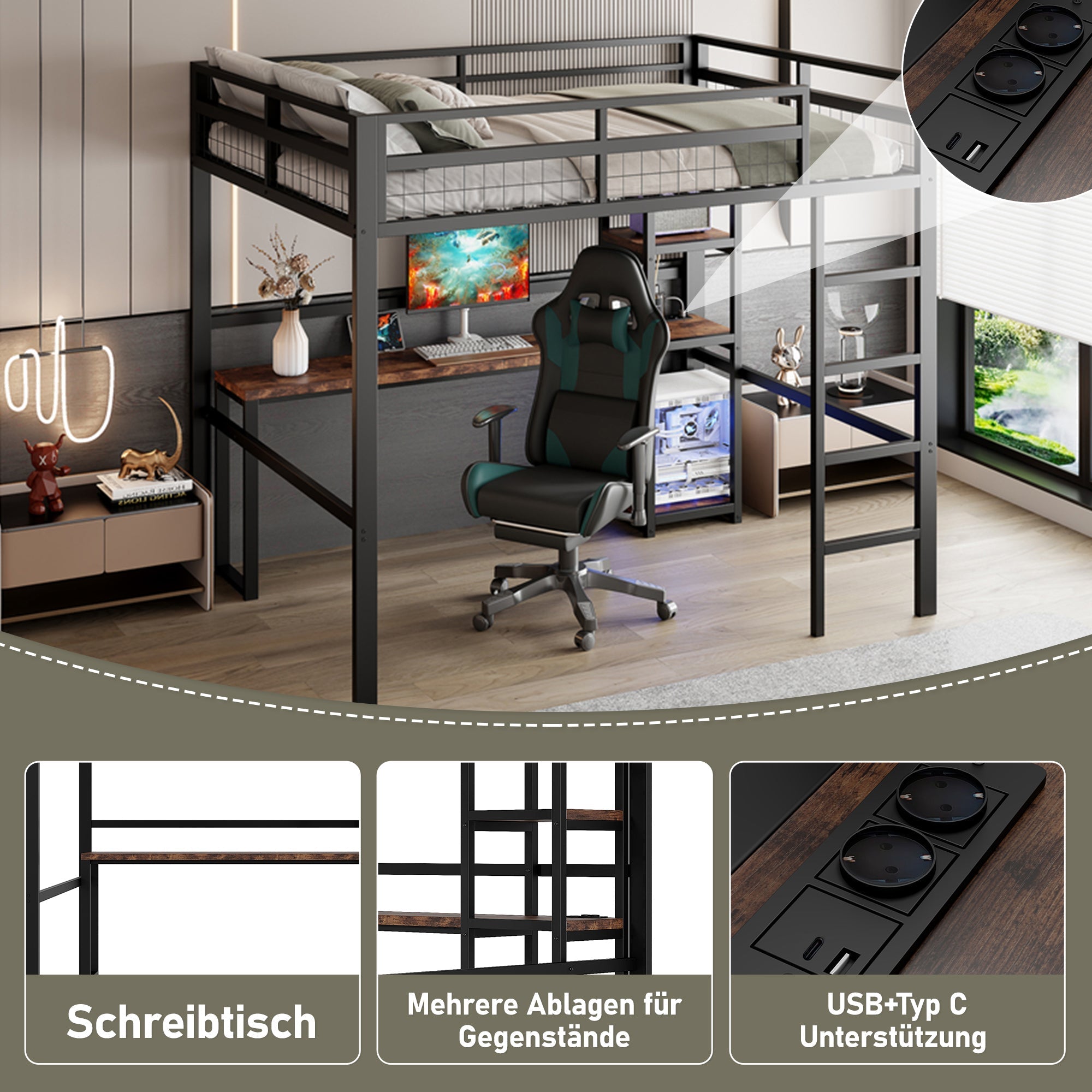 Loft Bed 140x200cm Iron Frame Desk Shelves Power USB/Type-C - Black