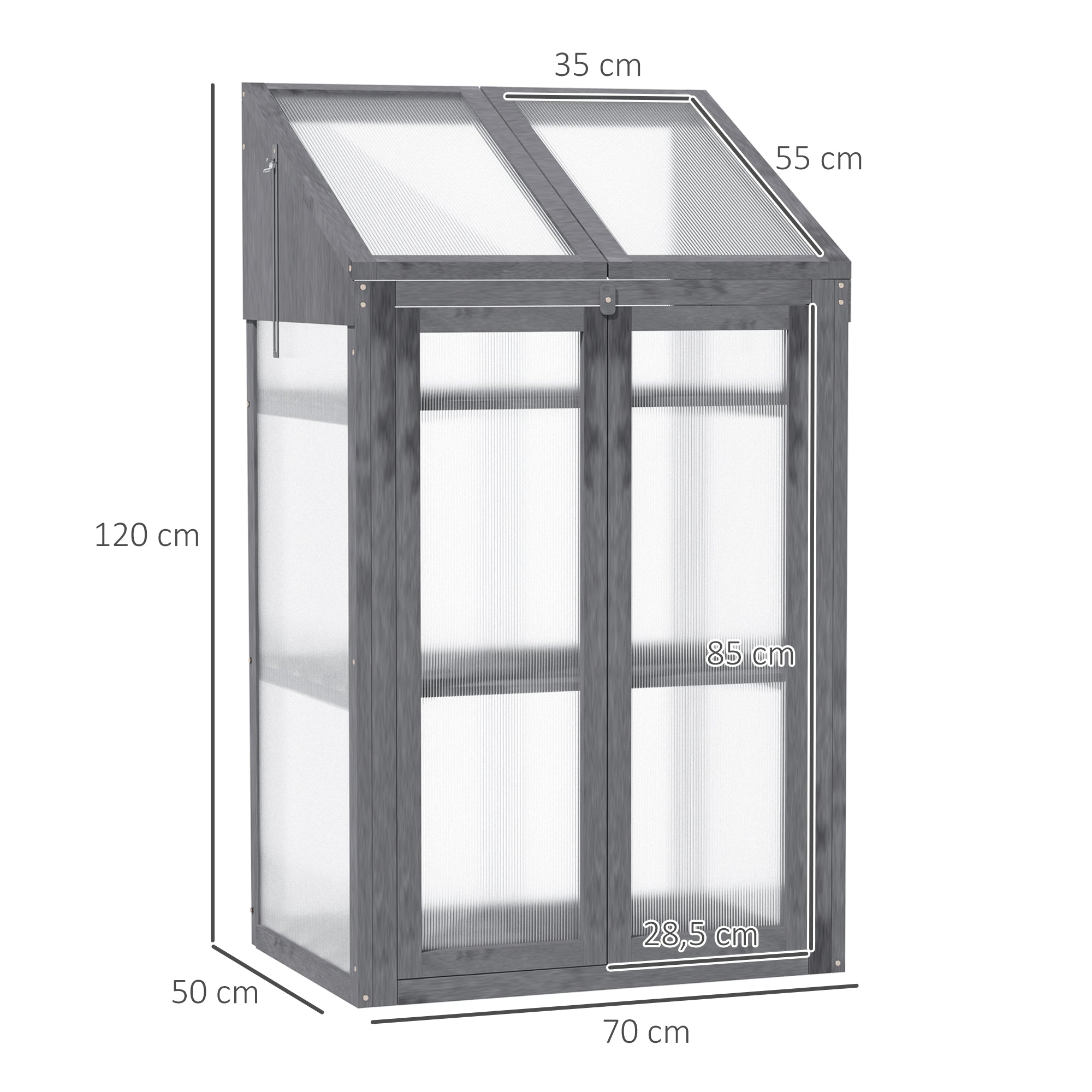 Cold Frame Mini Greenhouse 70x50x120cm Double Door 3 Shelves Wooden Grey