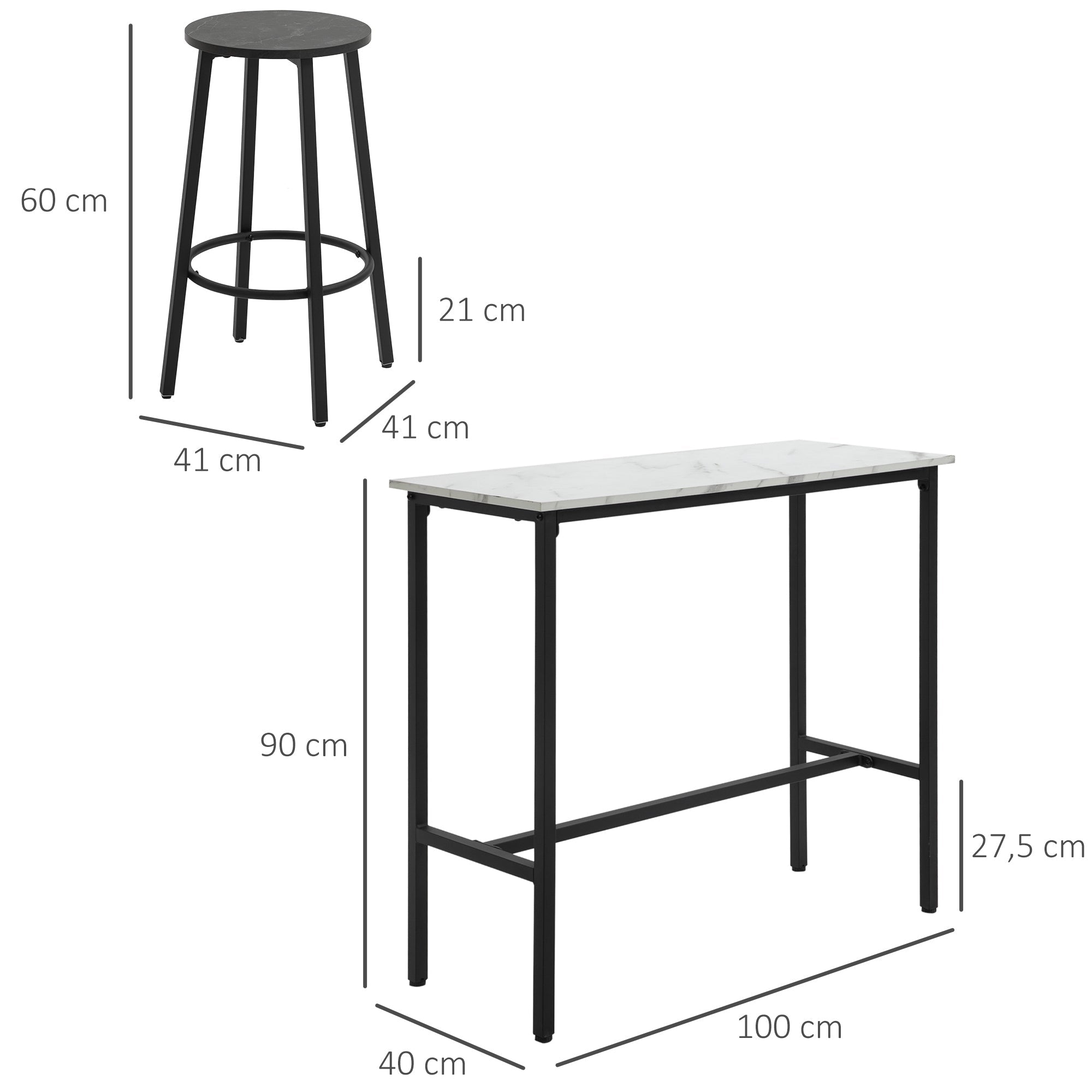 Bar Table & Bar Stool Set, 3-Piece Dining, Steel Black/White