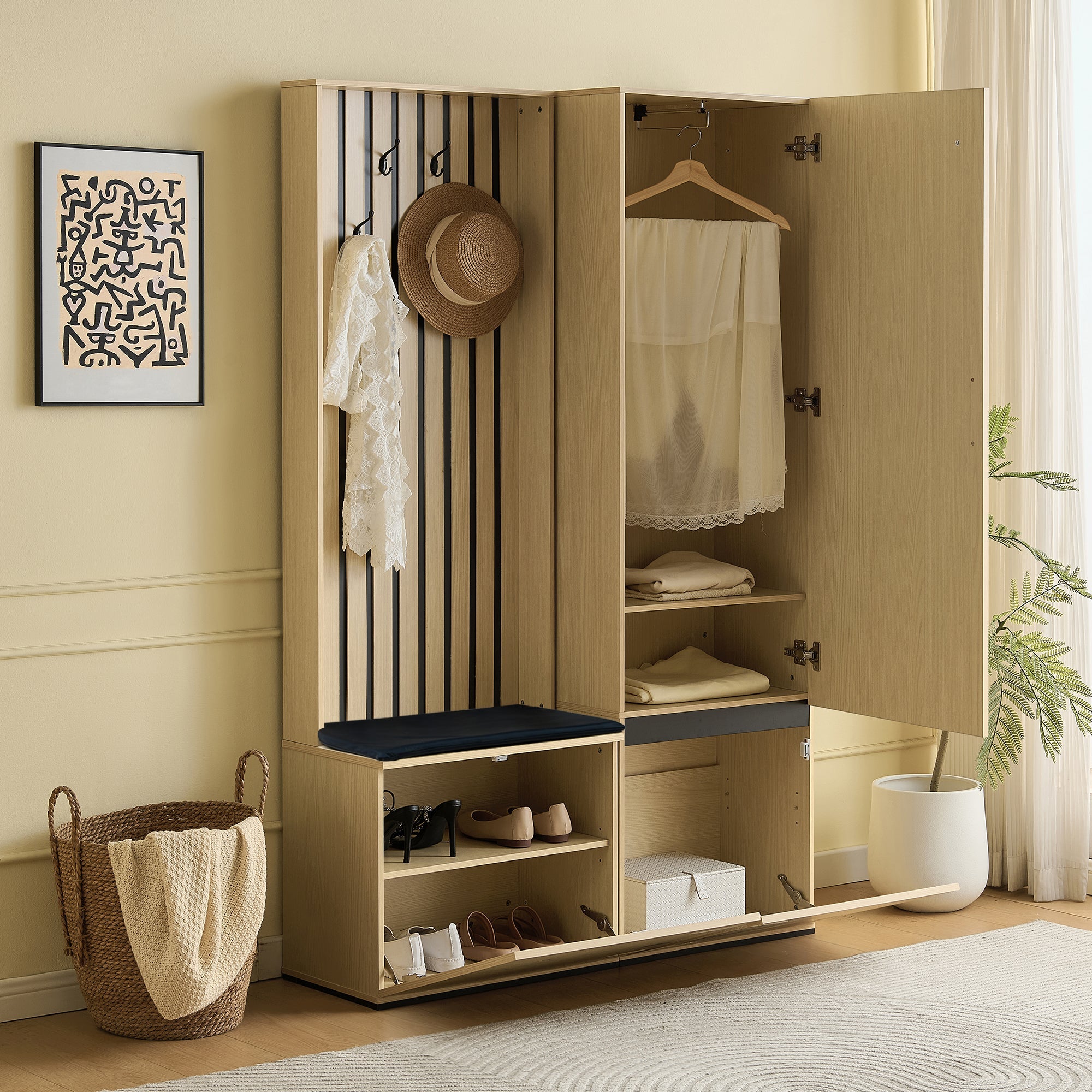 Combined Wardrobe Hallway Set with Mirror, Bench, Shoe Rack, Extendable Clothes Rail