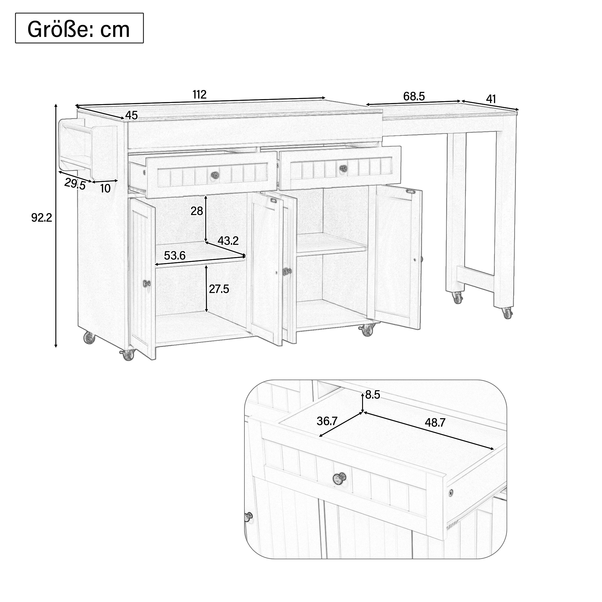 Kitchen Island, Extendable Dining Area Worktop & Drawers, Mobile Freestanding, Gray + Natural