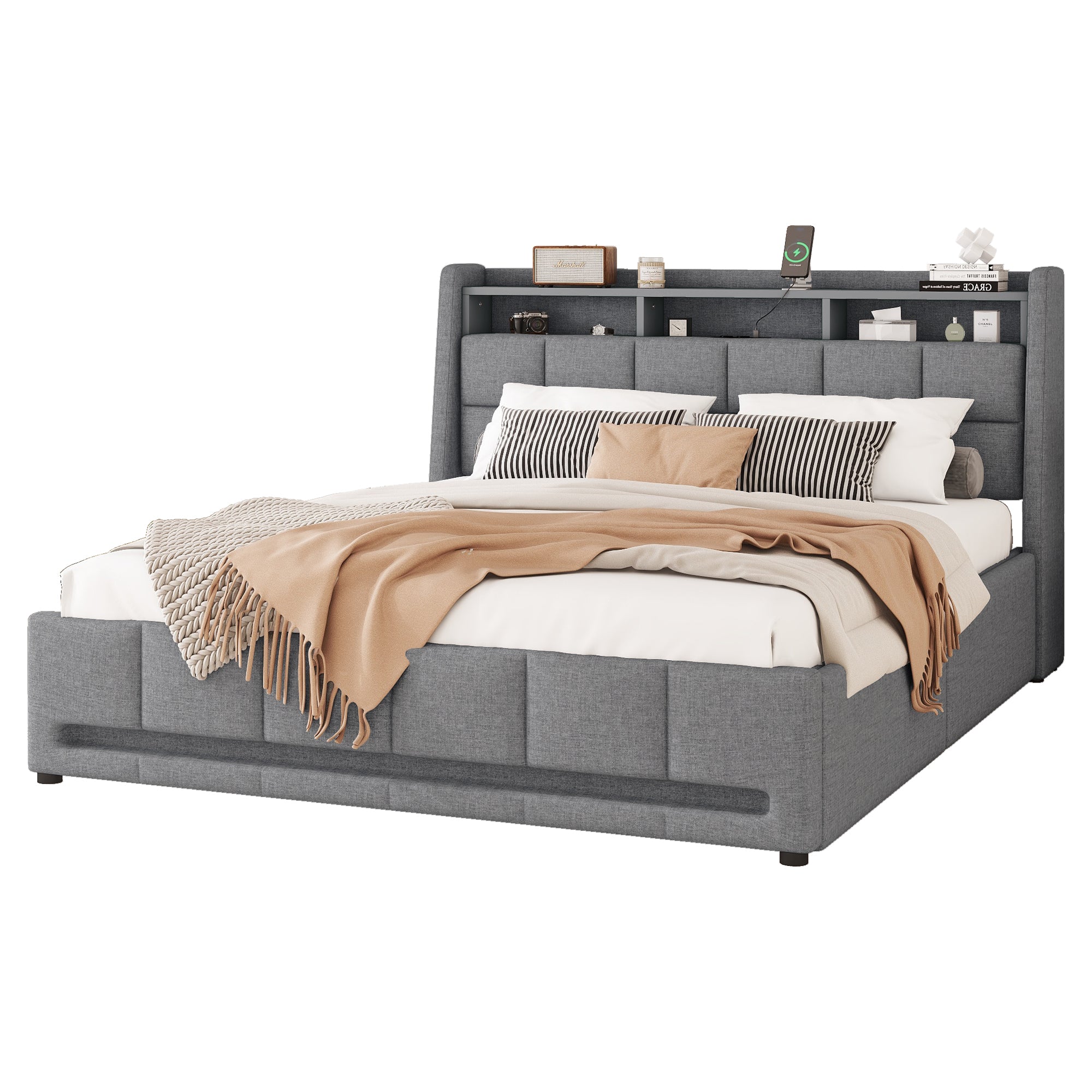 Upholstered Bed 140x200cm LED Light, Drawers, USB/Socket, Built-in Storage - Linen Grey